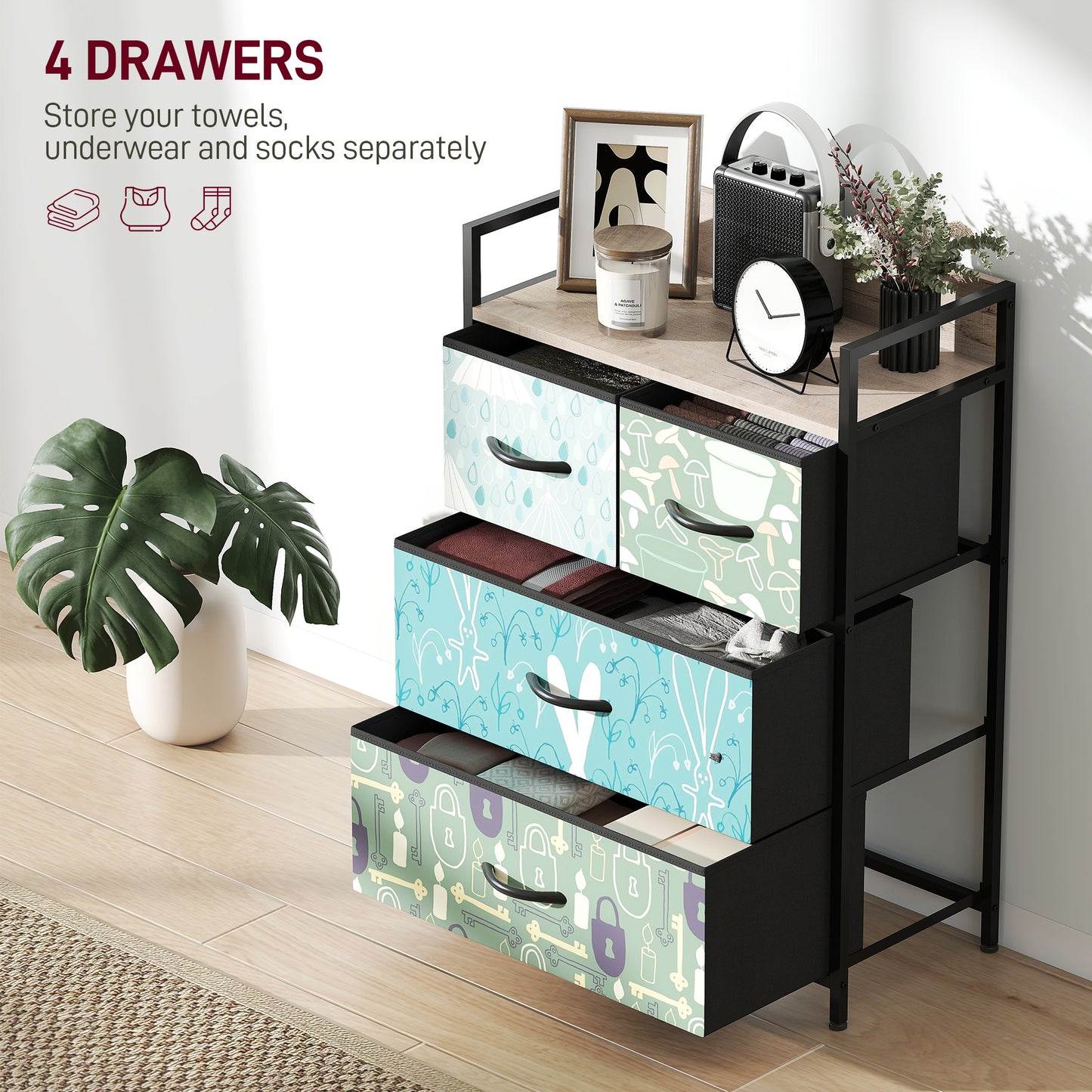 HOMCOM 4 Drawer Chest of Drawers in Blue with Removable Fabric Drawers and Patterned Panels for Stylish Bedroom Storage