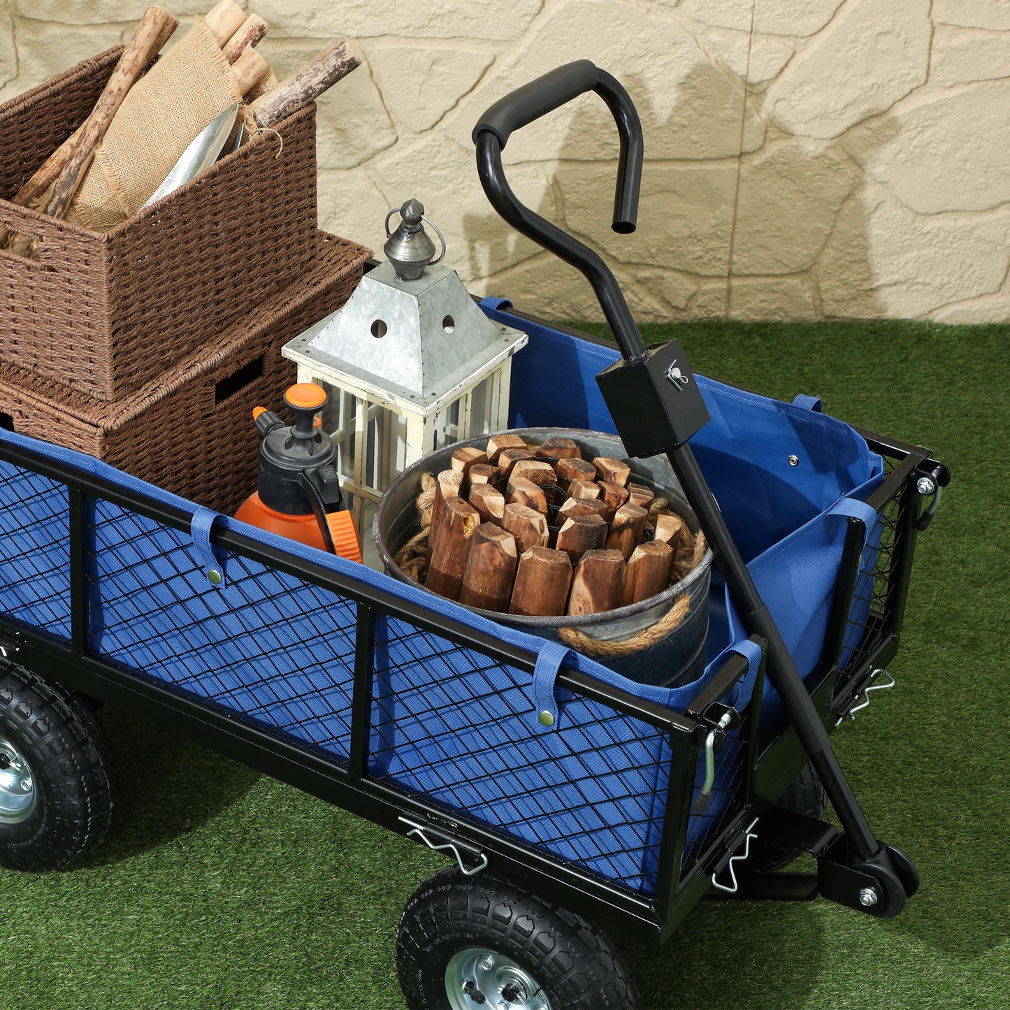 Outsunny 114L Steel Frame Garden Cart Trolley Heavy Duty With Removable Waterproof Bag Blue