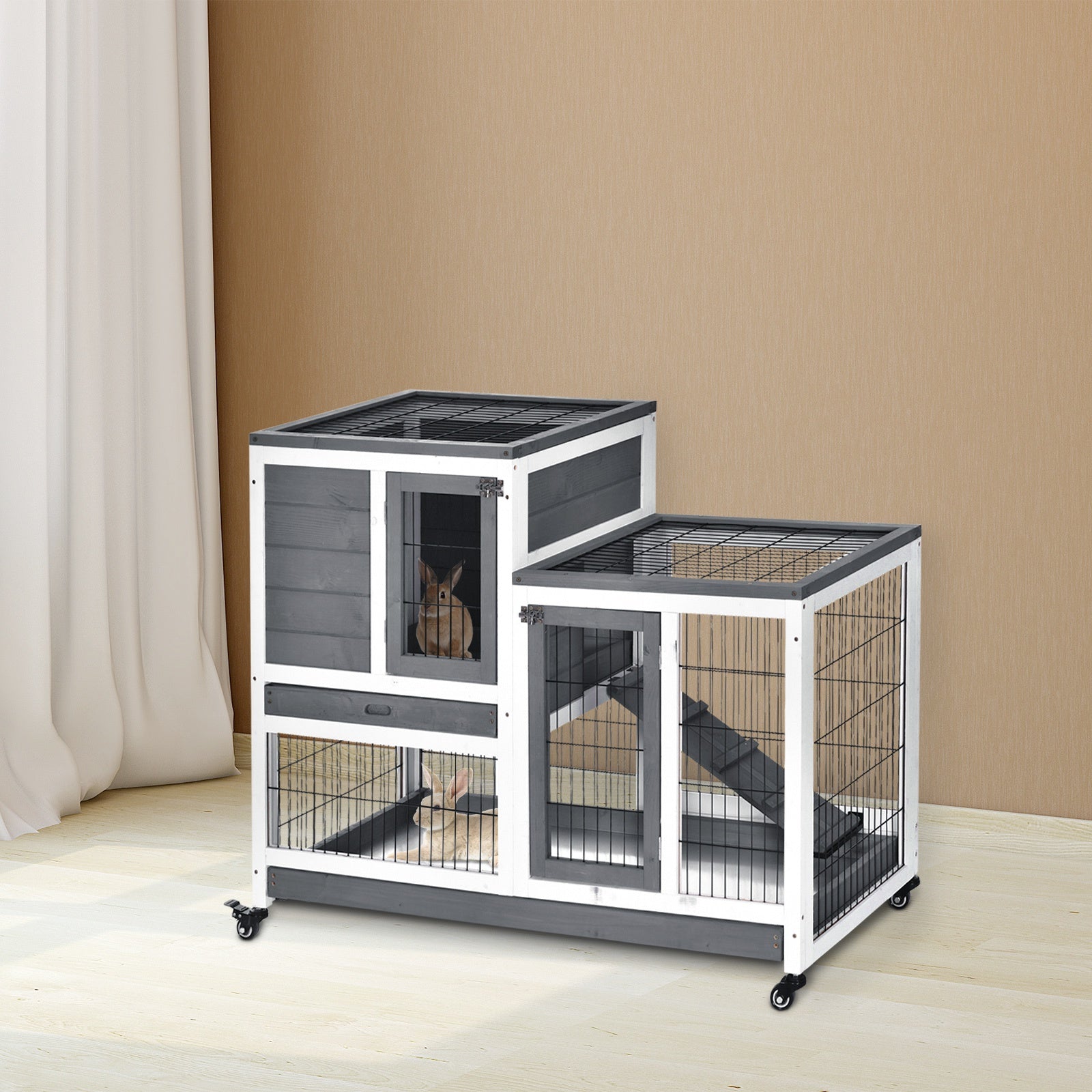 PawHut Elevated Wooden Indoor Cage Habitat for Small Animals with Enclosed Run and Wheels, Grey and White - ALL4U RETAILER LTD