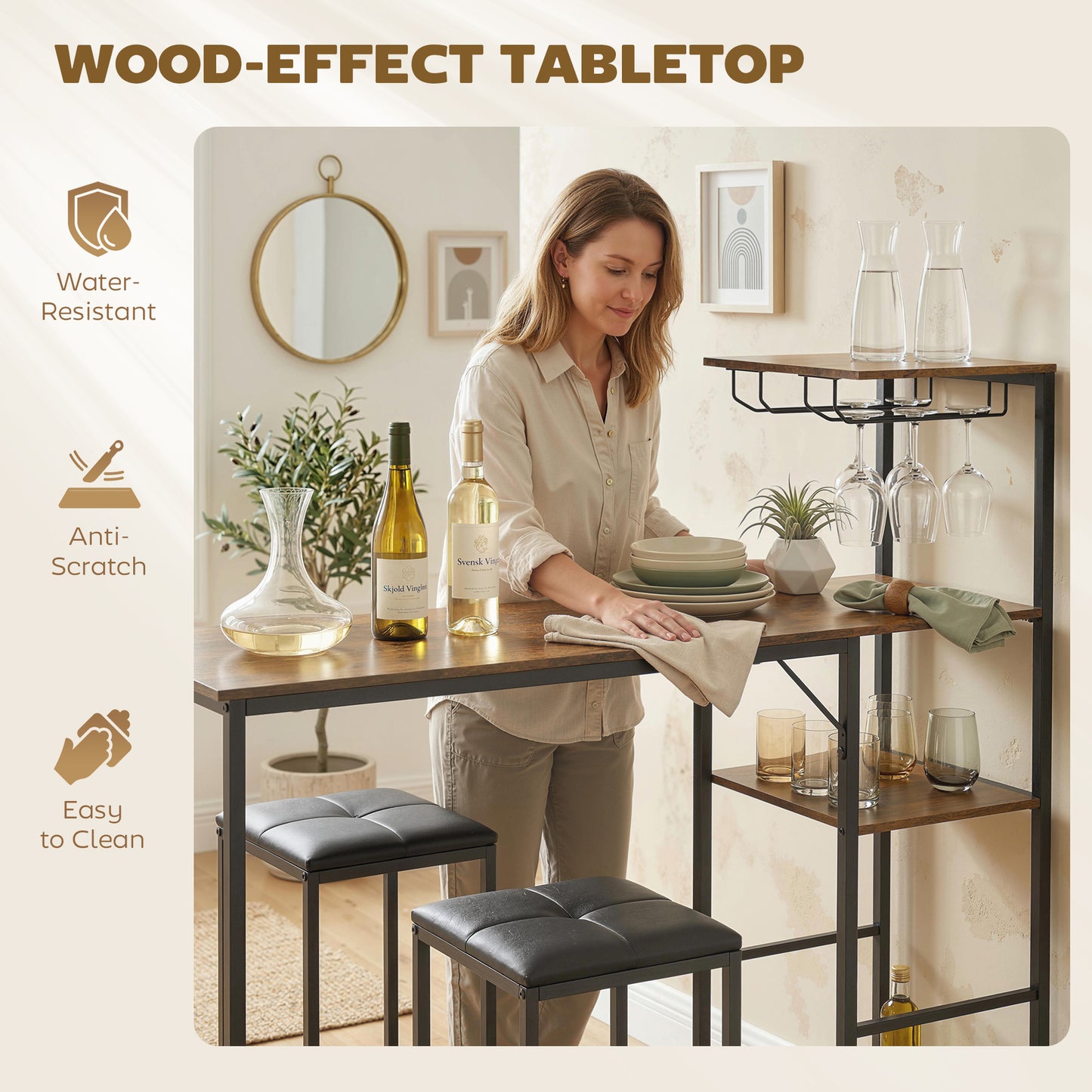 HOMCOM 3 Piece Breakfast Bar Table And Stools Set In Rustic Brown With 4 Tier Shelving And Wine Glass Racks