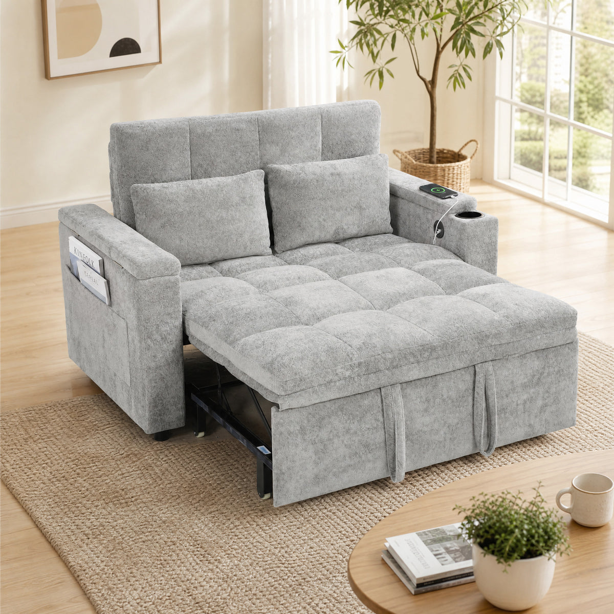 Grey sofa bed pulled out into sleeper position with armrest storage compartments