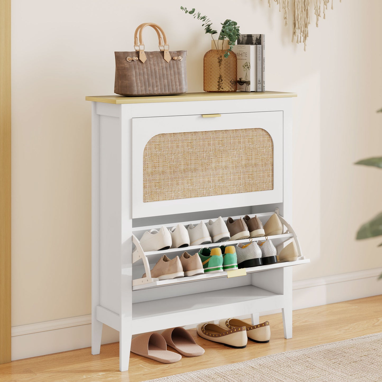 HOMCOM Narrow Boho Rattan Style Shoe Cabinet With 2 Flip Drawers Holds 14 Pairs White