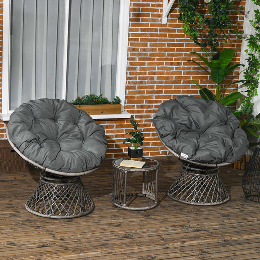 Outsunny Grey Rattan Outdoor Bistro Set with 360° Rotating Chairs and Glass Table - ALL4U RETAILER LTD