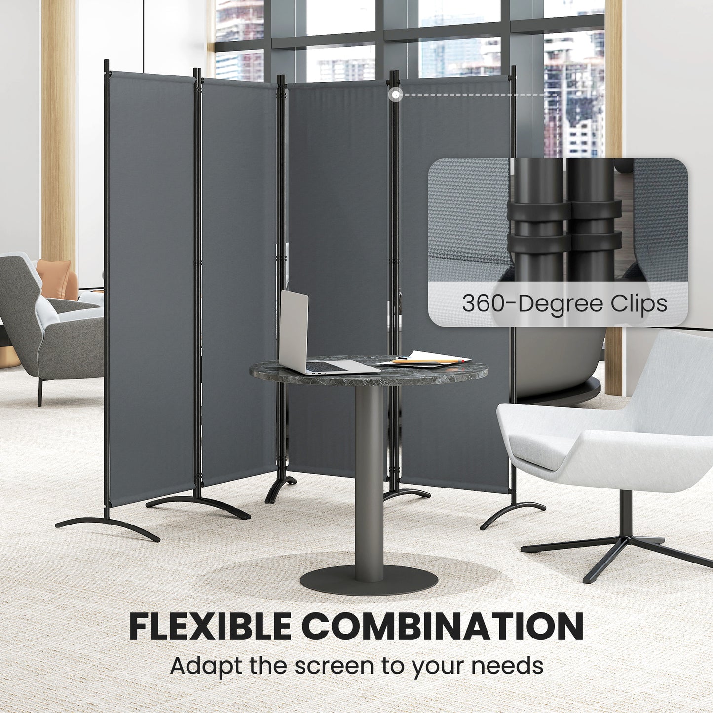 Outsunny 4 Panel Folding Room Divider 1.7m Privacy Screen Metal Partition For Office Living Bedroom Dining Dark Grey