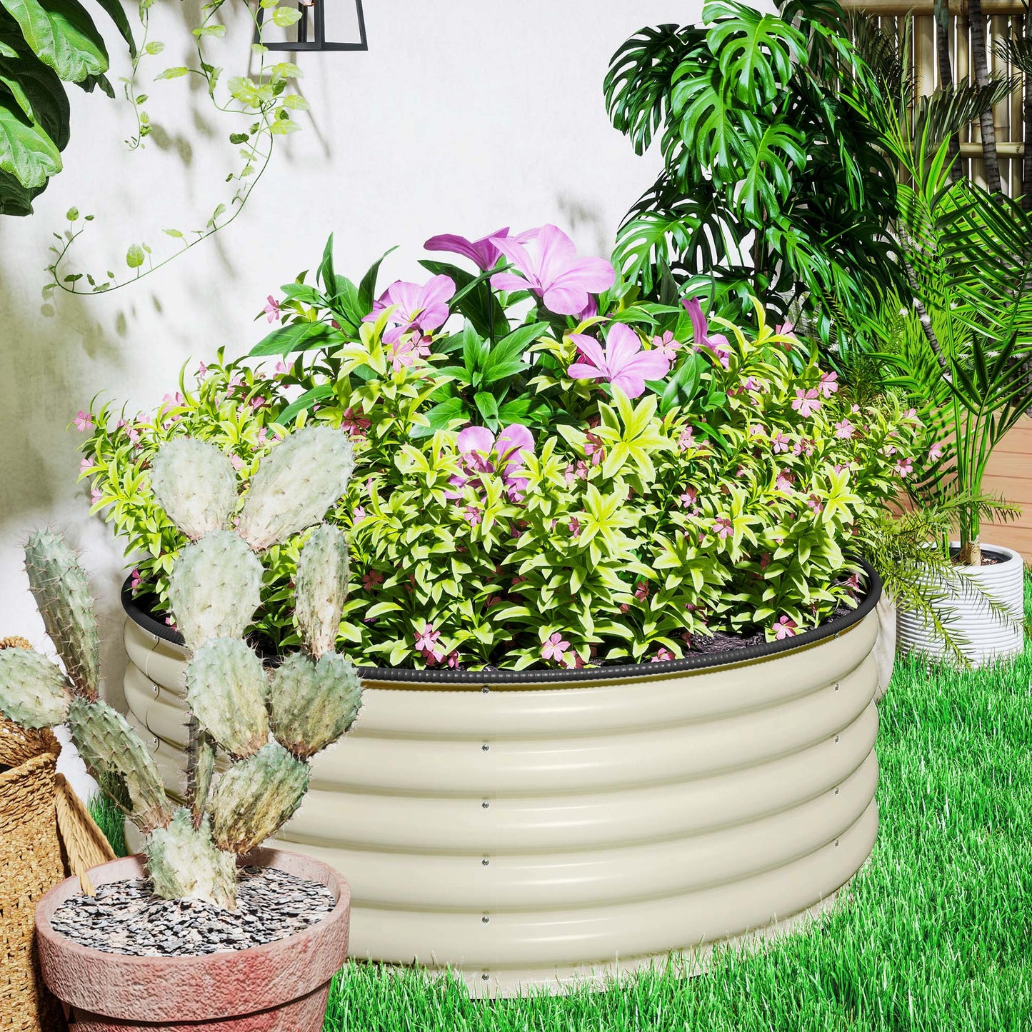 Outsunny Galvanised Raised Garden Bed With Safety Edging Outdoor Planter Box With Gloves 120 x 120 x 43cm Cream White