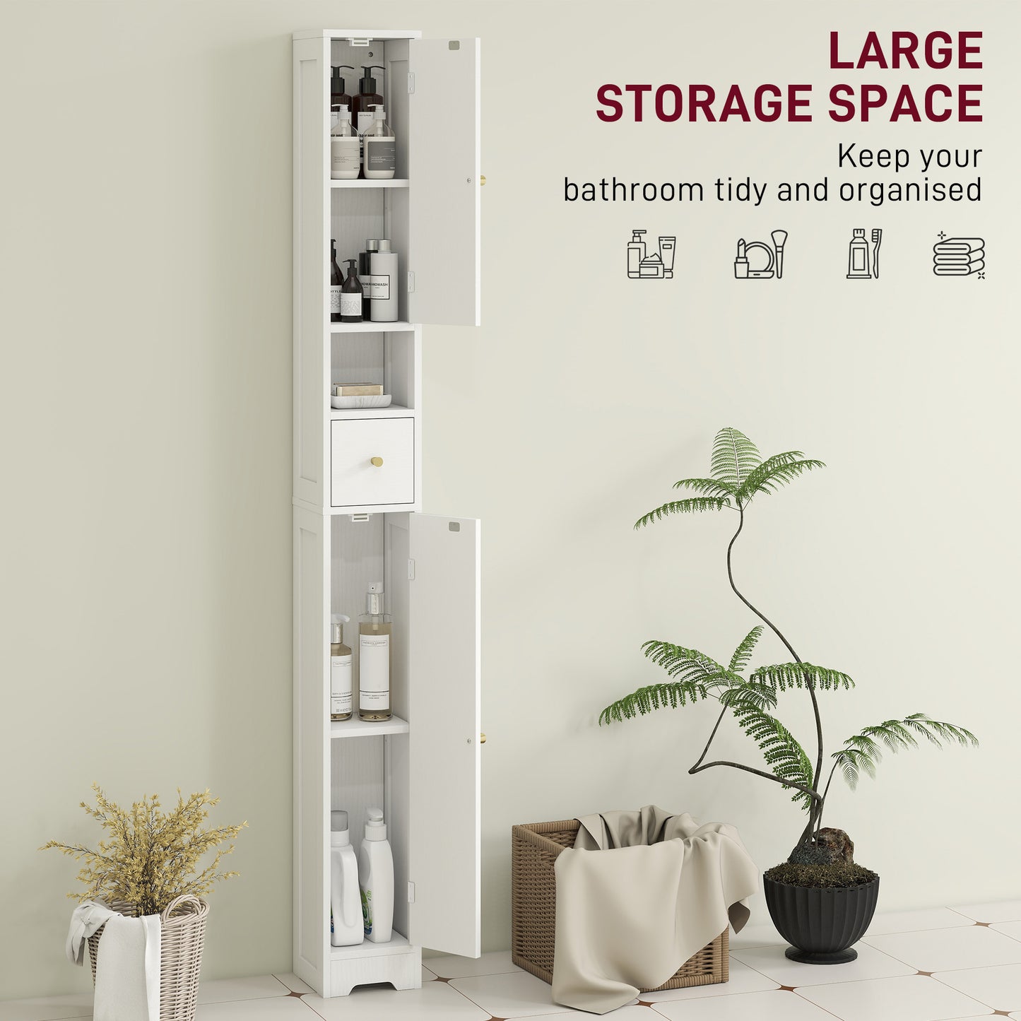 HOMCOM 185 Cm Tall White Bathroom Cabinet With Arched Doors Slim Space Saving Storage With Adjustable Shelves