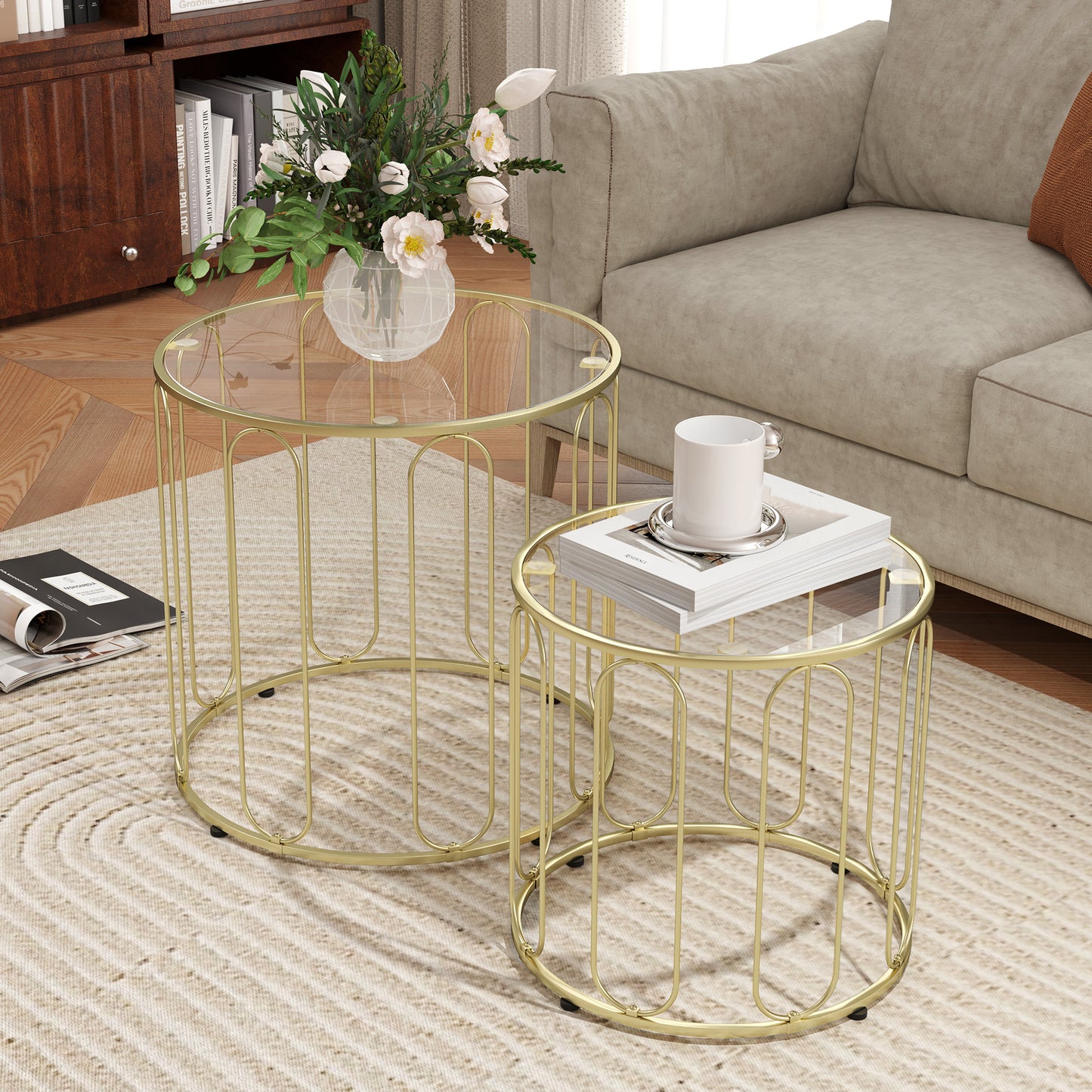 HOMCOM Elliptical Cutout Nesting Tables Gold Tone Glass Top With Metal Ring Frame Two Piece Coffee Table Set