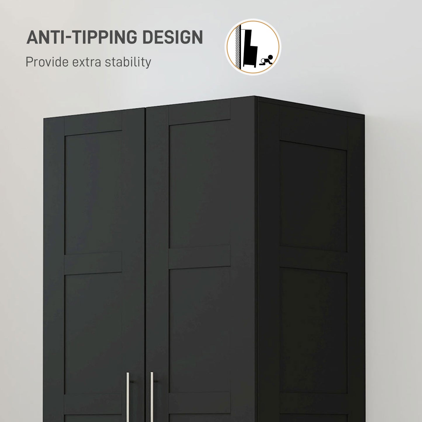 HOMCOM Double Panel Door Wardrobe With Shelves In Black 76cm Hanging Rail And Soft Closing Hinges