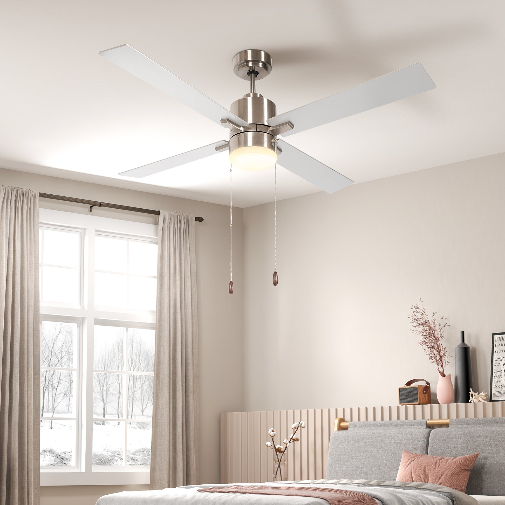 HOMCOM Silver & Natural Tone Ceiling Fan with LED Light and Reversible Blades, Pull-Chain Control - ALL4U RETAILER LTD