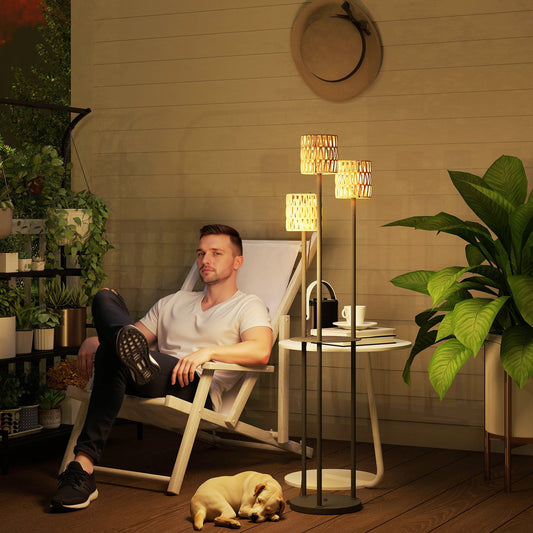 Outsunny Boho Rattan Floor Lamp With Shelf 3 Lights Solar Outdoor Garden Lamp Auto On Off IP44 Waterproof Yellow