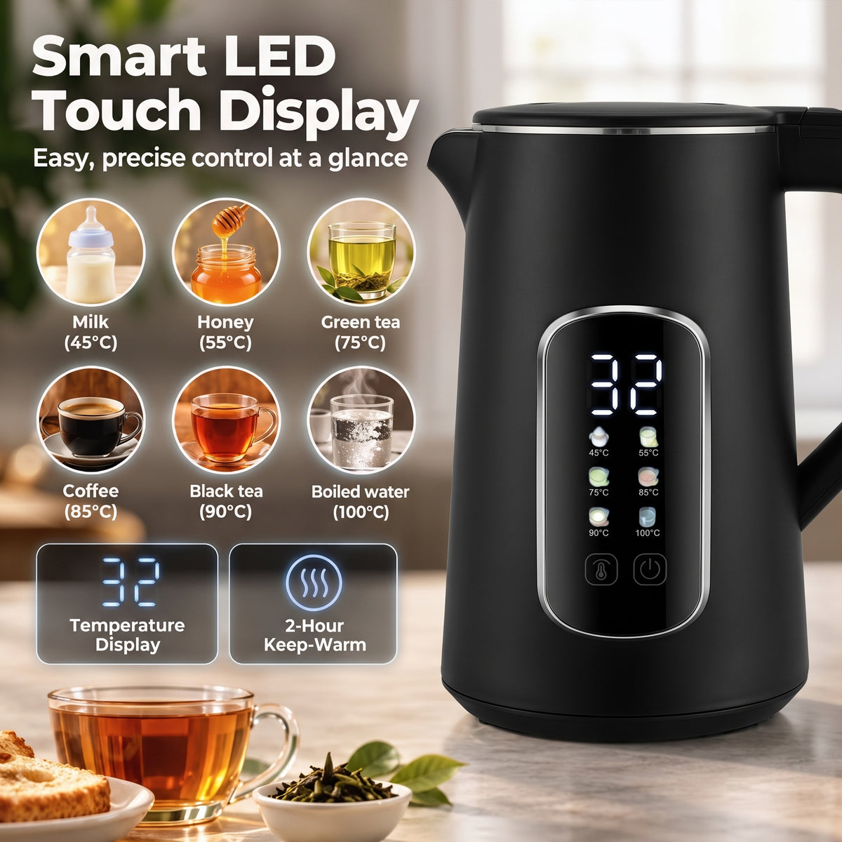 HOMCOM Kettle And Toaster Set With LED Touch Screen, 6 Browning Levels, Black