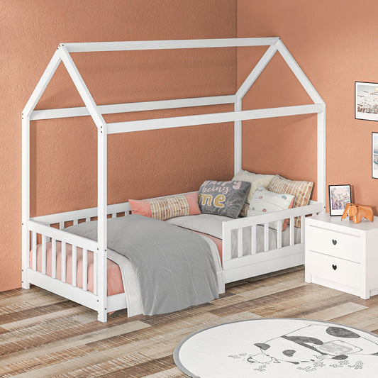 House-shaped kids bed frame with white guard rails and slatted base, single-size style