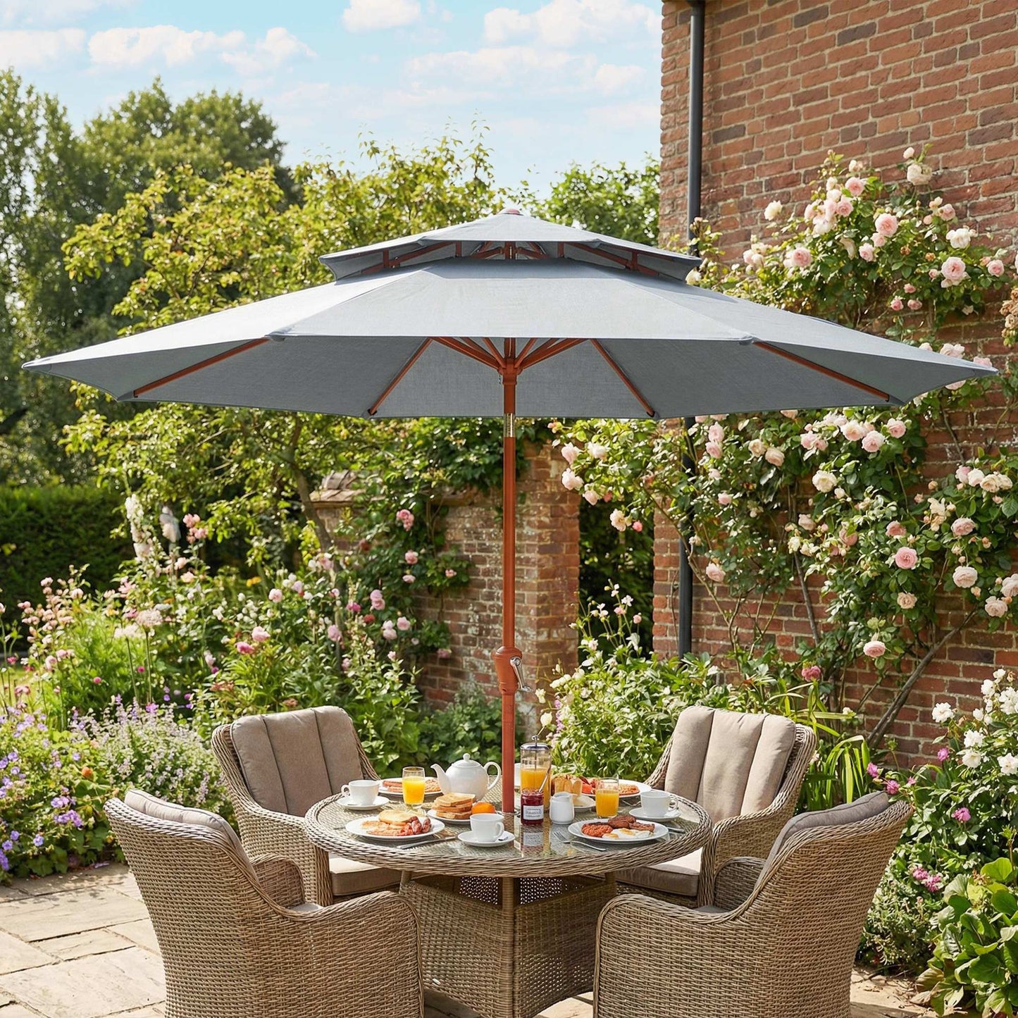 Outsunny 2.7m Garden Parasol With Double Top Canopy Outdoor Market Table Umbrella Crank System Light Grey