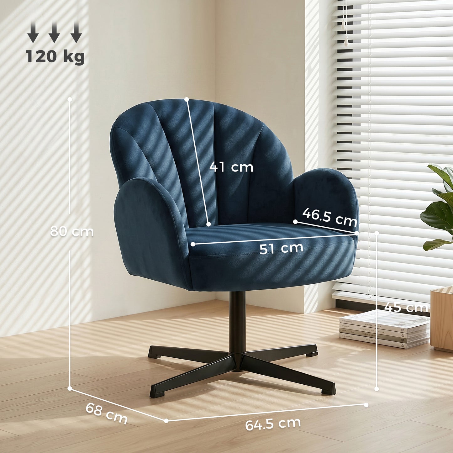 HOMCOM Swivel Accent Chair Shell Shaped Armchair With Spring Cushion And Metal Base Dark Blue
