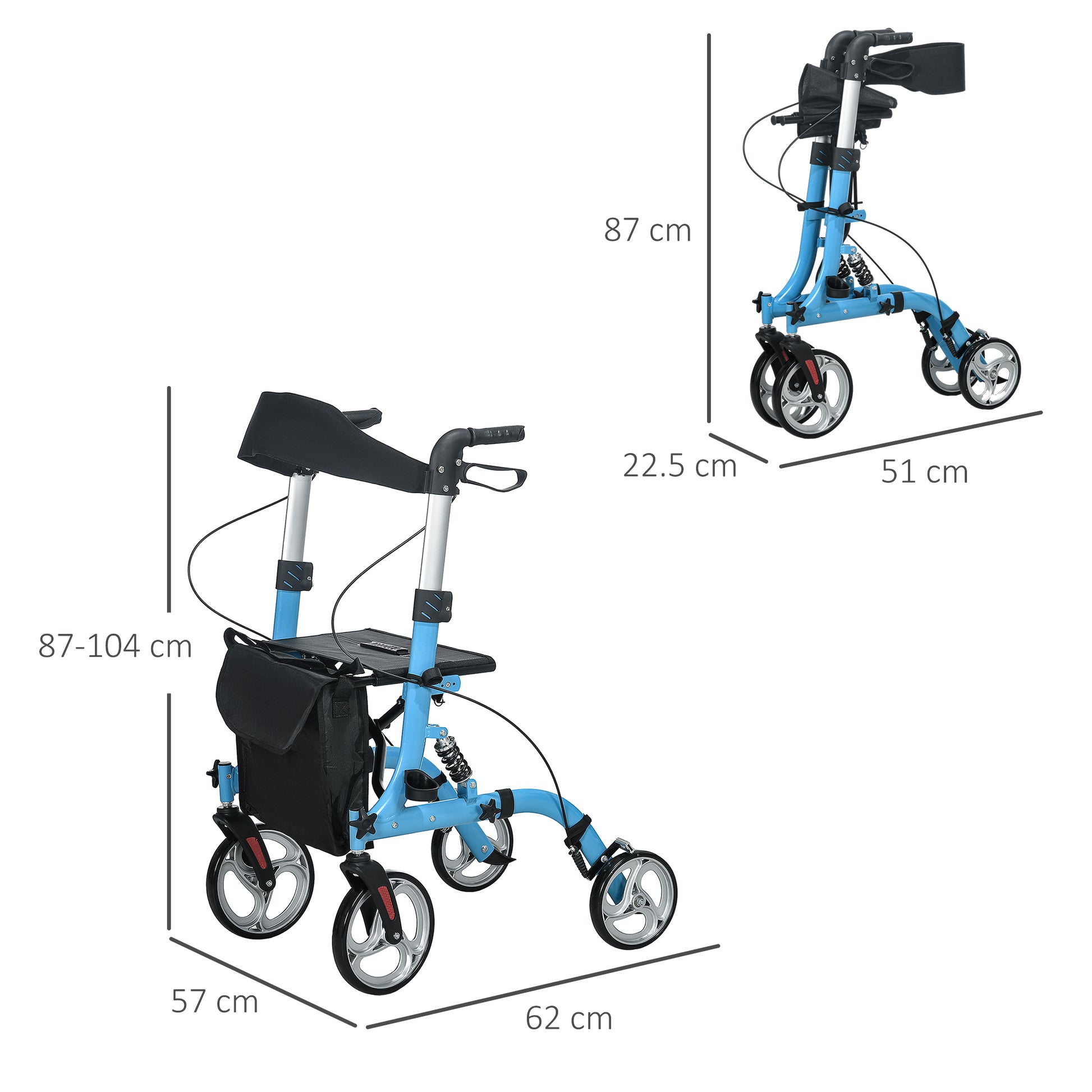 HOMCOM Lightweight Foldable Rollator with Seat & Backrest, Adjustable Height Mobility Walker with Large Wheels & Dual Brakes - Blue - ALL4U RETAILER LTD