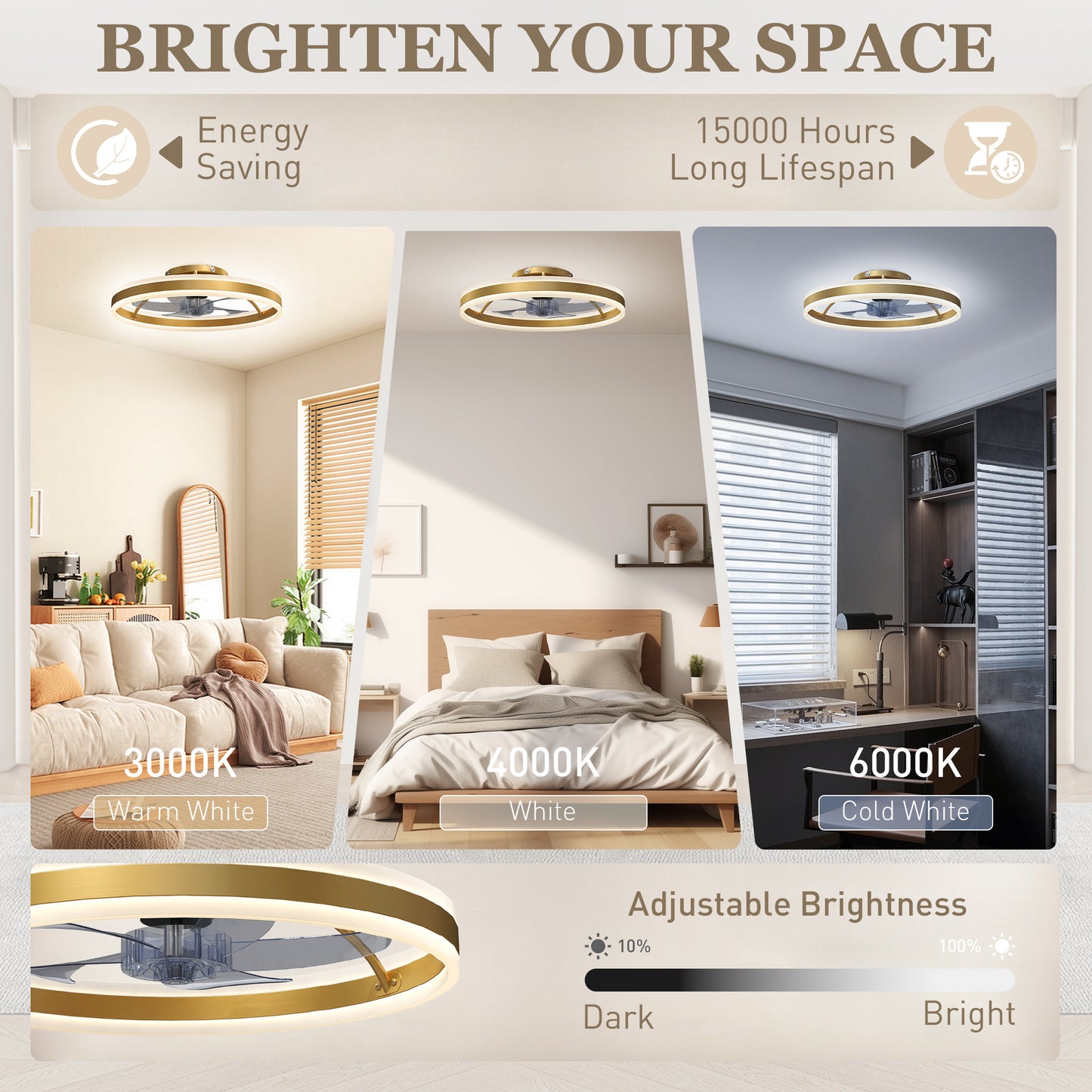 HOMCOM Ceiling Fan With Light And Remote LED Mount Three Colour Temperatures Six Speed 50 cm Gold Tone