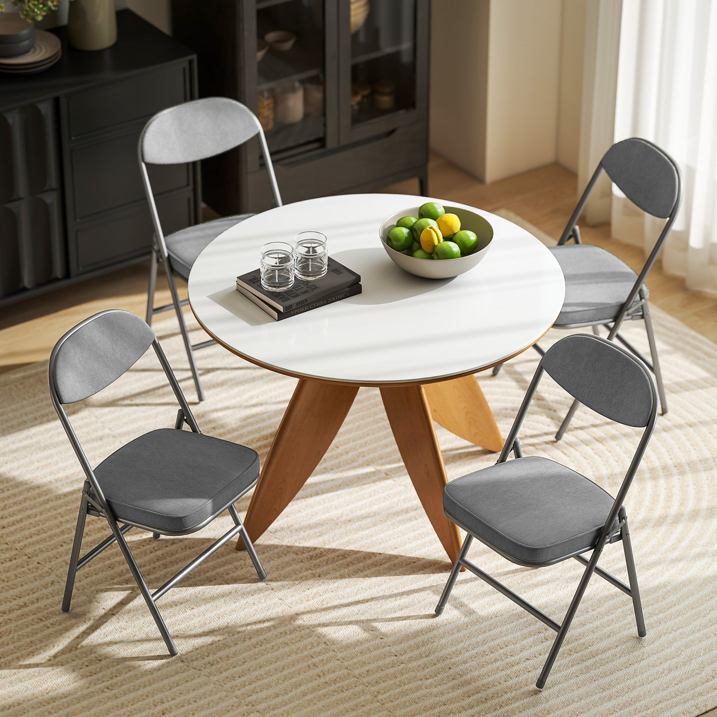 HOMCOM Set Of Four Folding Corduroy Seat Chairs Grey With Padded Seats And Back For Home Use And Events