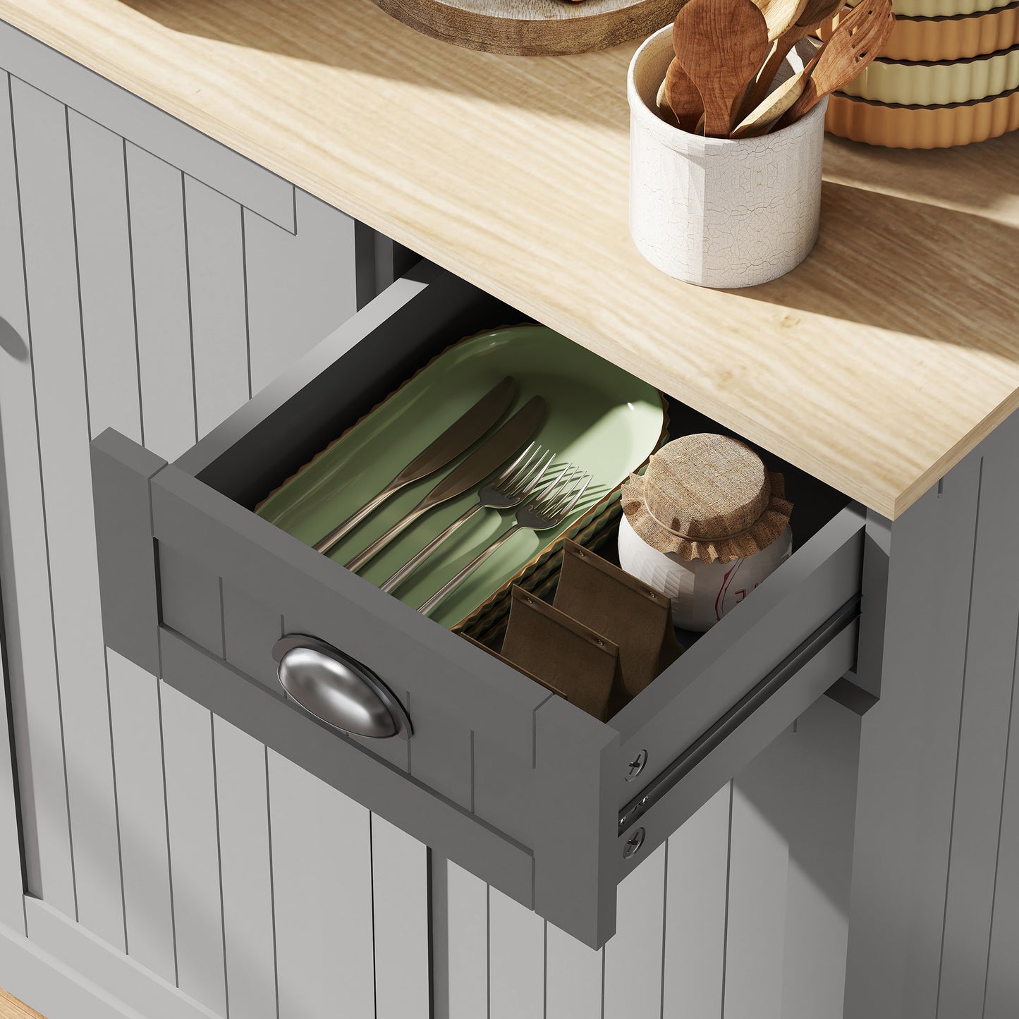 HOMCOM 180cm Freestanding Kitchen Cabinet Grey With Open Countertop Drawer And 6 Doors Modern Storage
