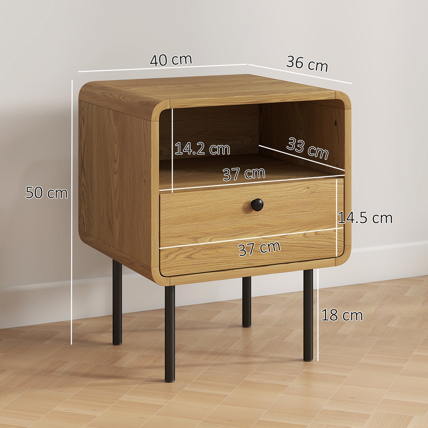 HOMCOM Oak Bedside Table With Drawer And Open Shelf Modern Nightstand For Bedroom Rounded Corner Design