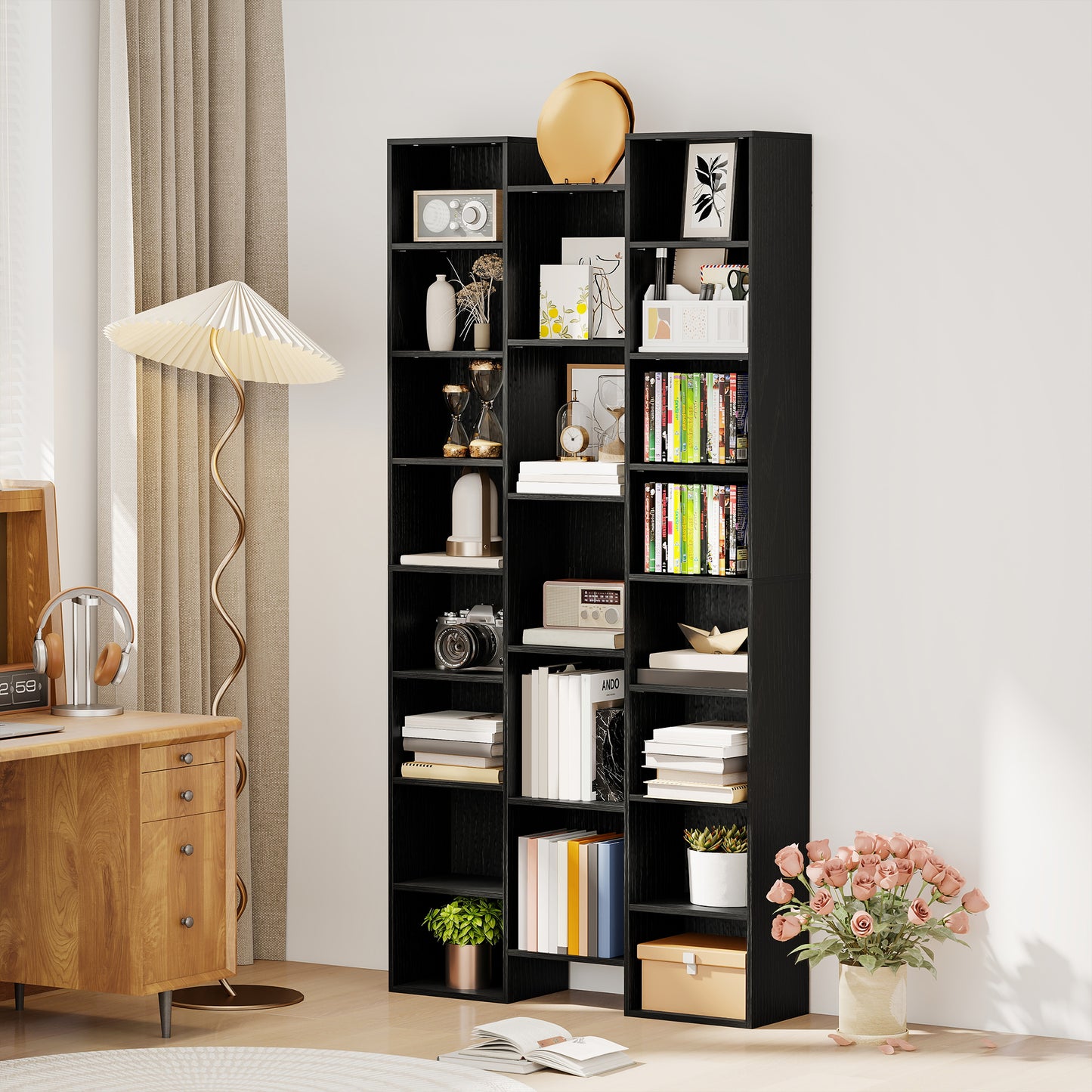 HOMCOM 21 Compartment Tall Bookshelf with Adjustable Shelves Black Finish for Living Rooms