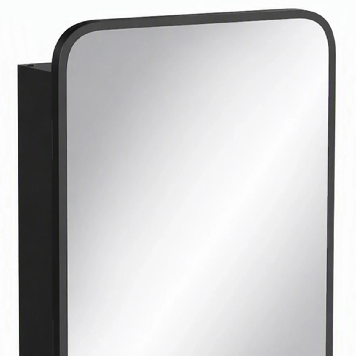 Bathroom medicine cabinet mirror door with thick black rounded frame and clear glass