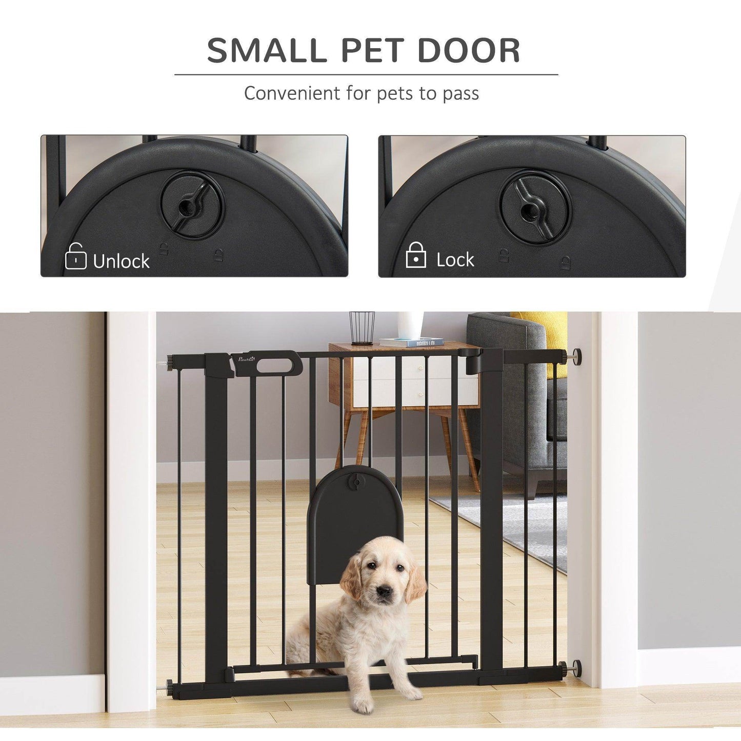 PawHut Extra Wide Pet Safety Gate with Door - Black - ALL4U RETAILER LTD