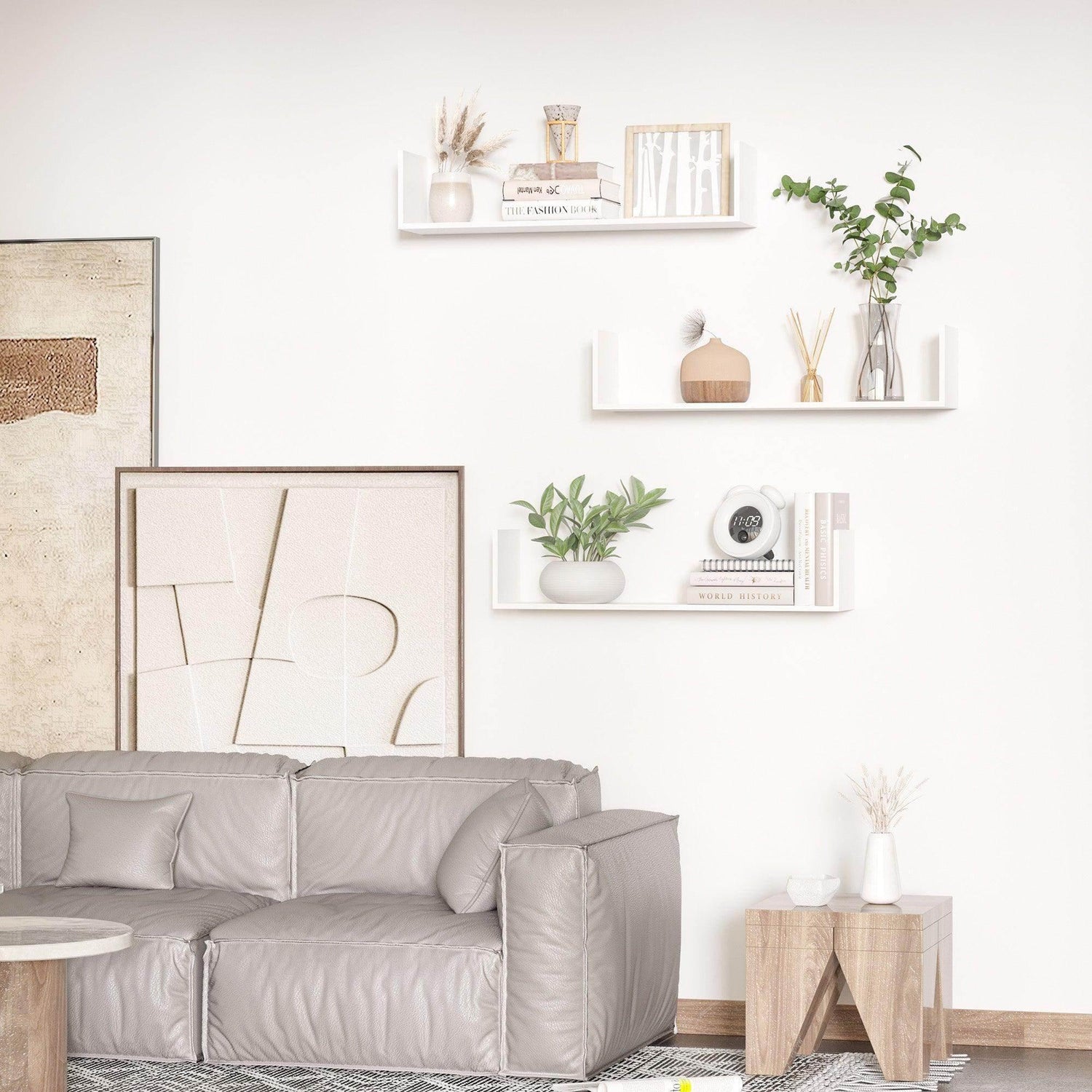 White floating wooden shelves set with 3 tiers for small decor and plants