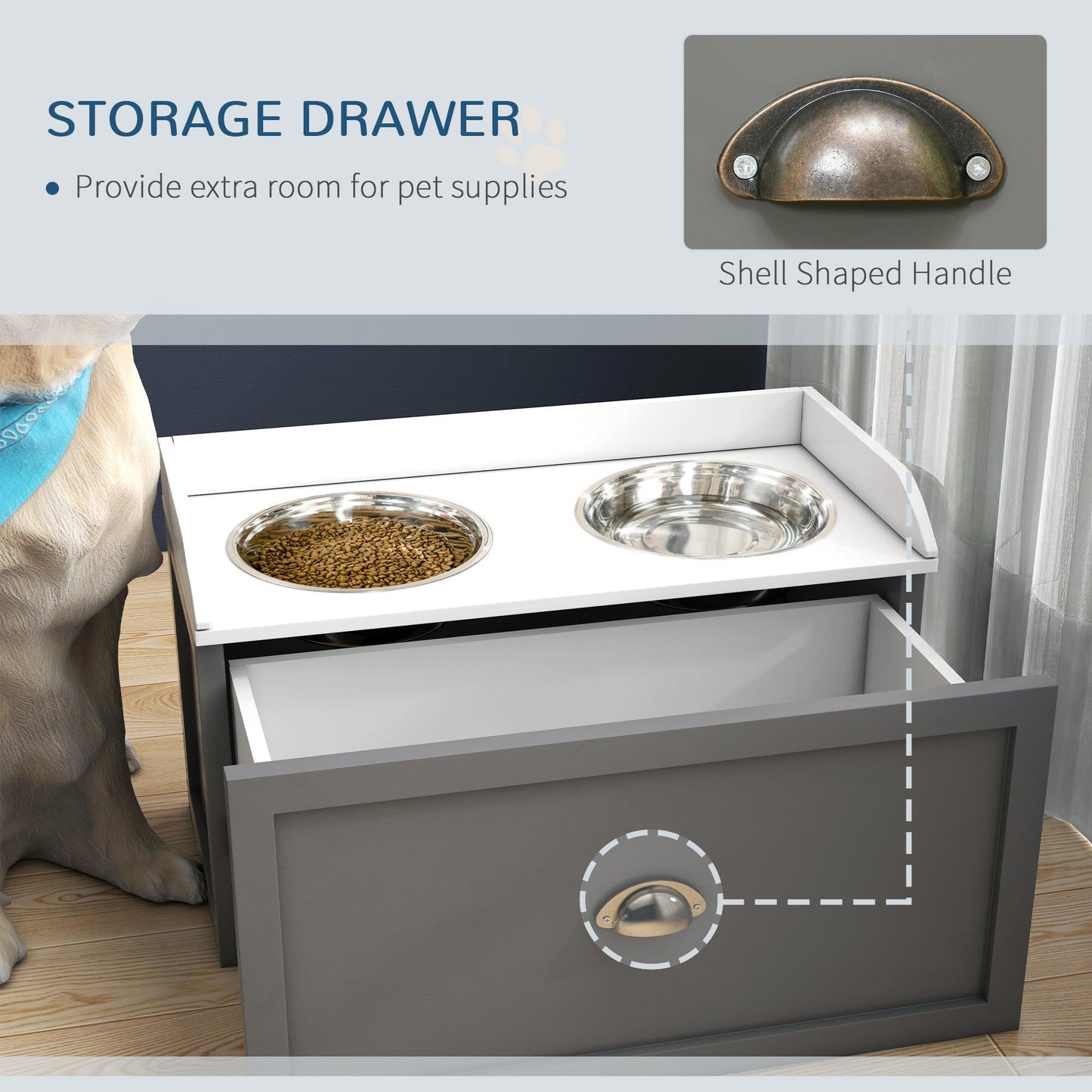 PawHut Raised Stainless Steel Dog Bowls with Storage Drawer, Grey - ALL4U RETAILER LTD