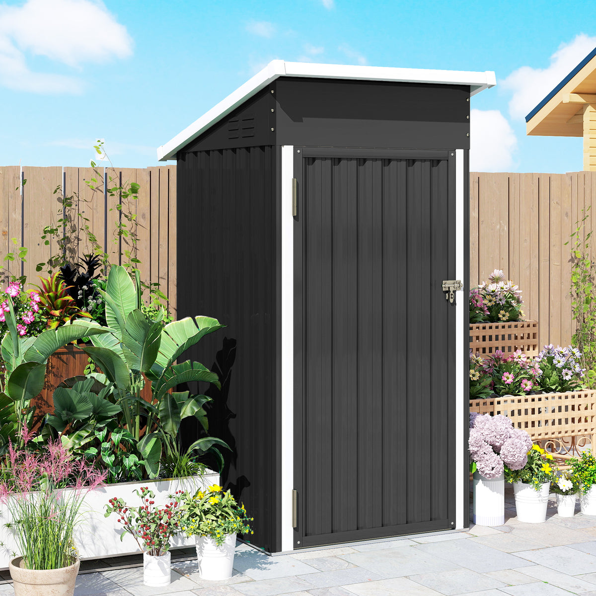 Outdoor lockable metal storage shed with single closed door, gray panels and side latch