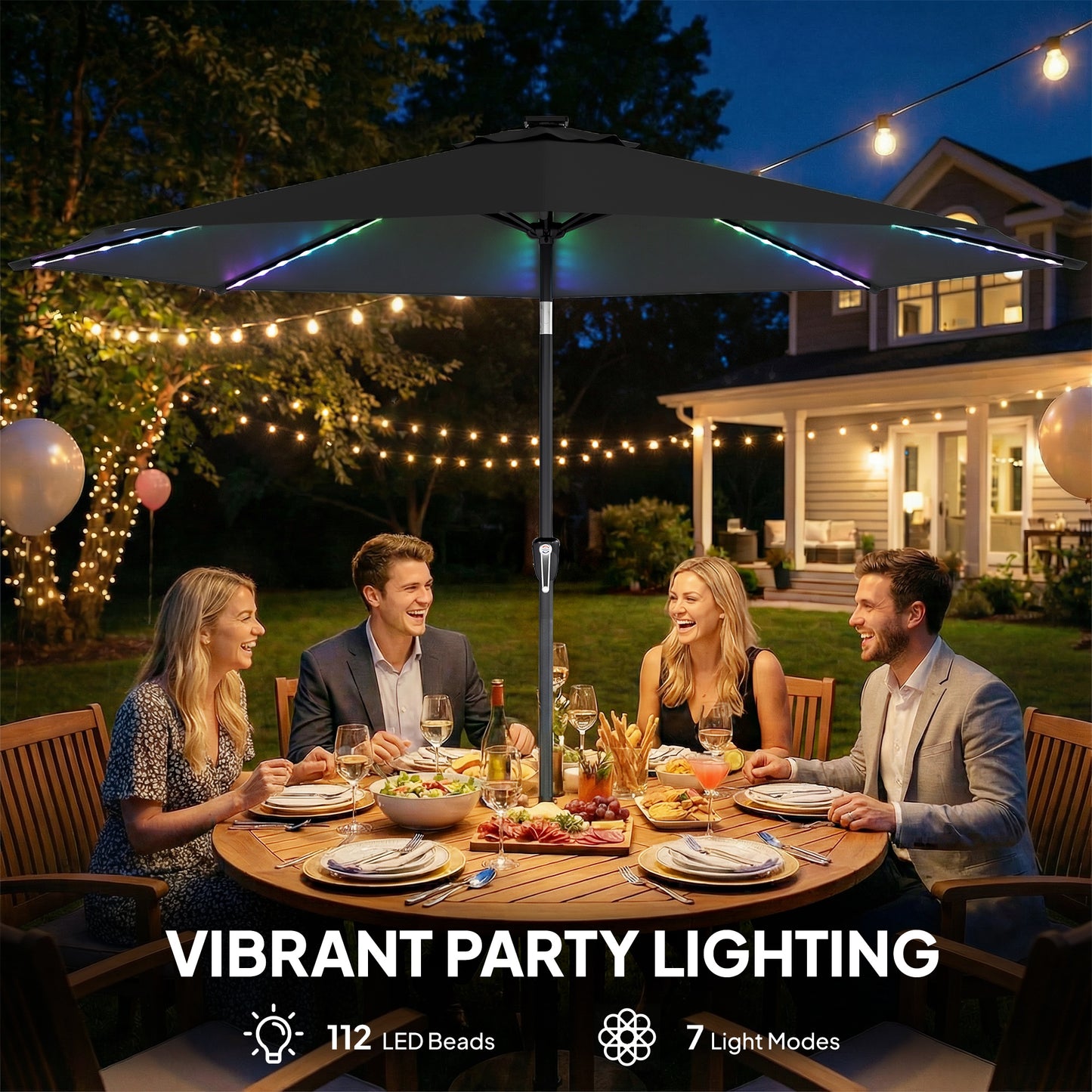 Outsunny 3m Garden Parasol Umbrella With 112 Solar Powered LED Lights USB Charging Crank Handle Black