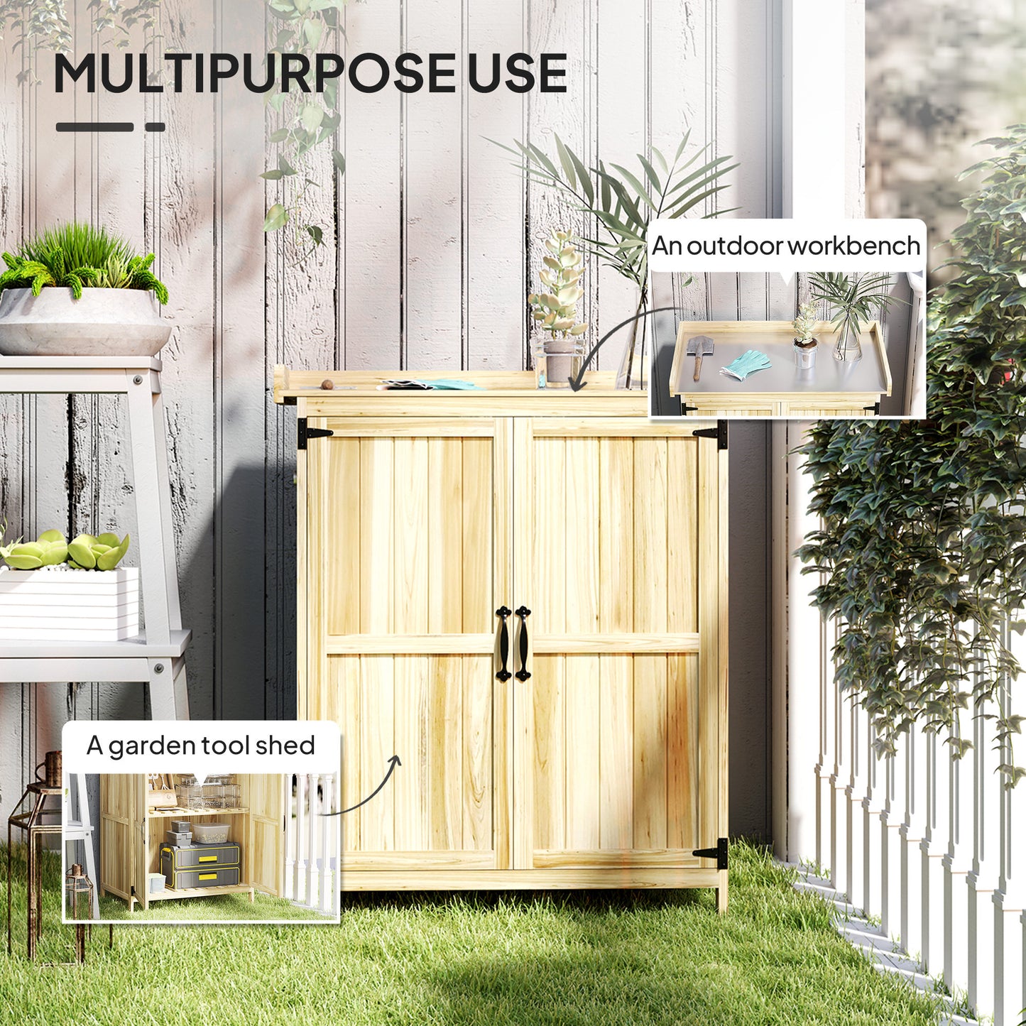 Outsunny Fir Wood Shed With Metal Worktop And Easy Open Hinged Roof 43 x 74cm Natural Finish
