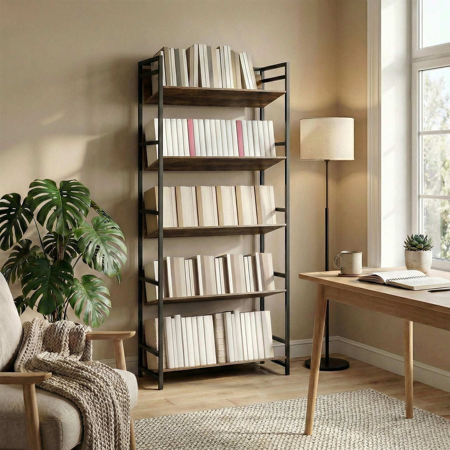 HOMCOM 5 Tier Metal Frame Bookshelf Room Divider With Storage Shelves Rustic Brown For Living Room