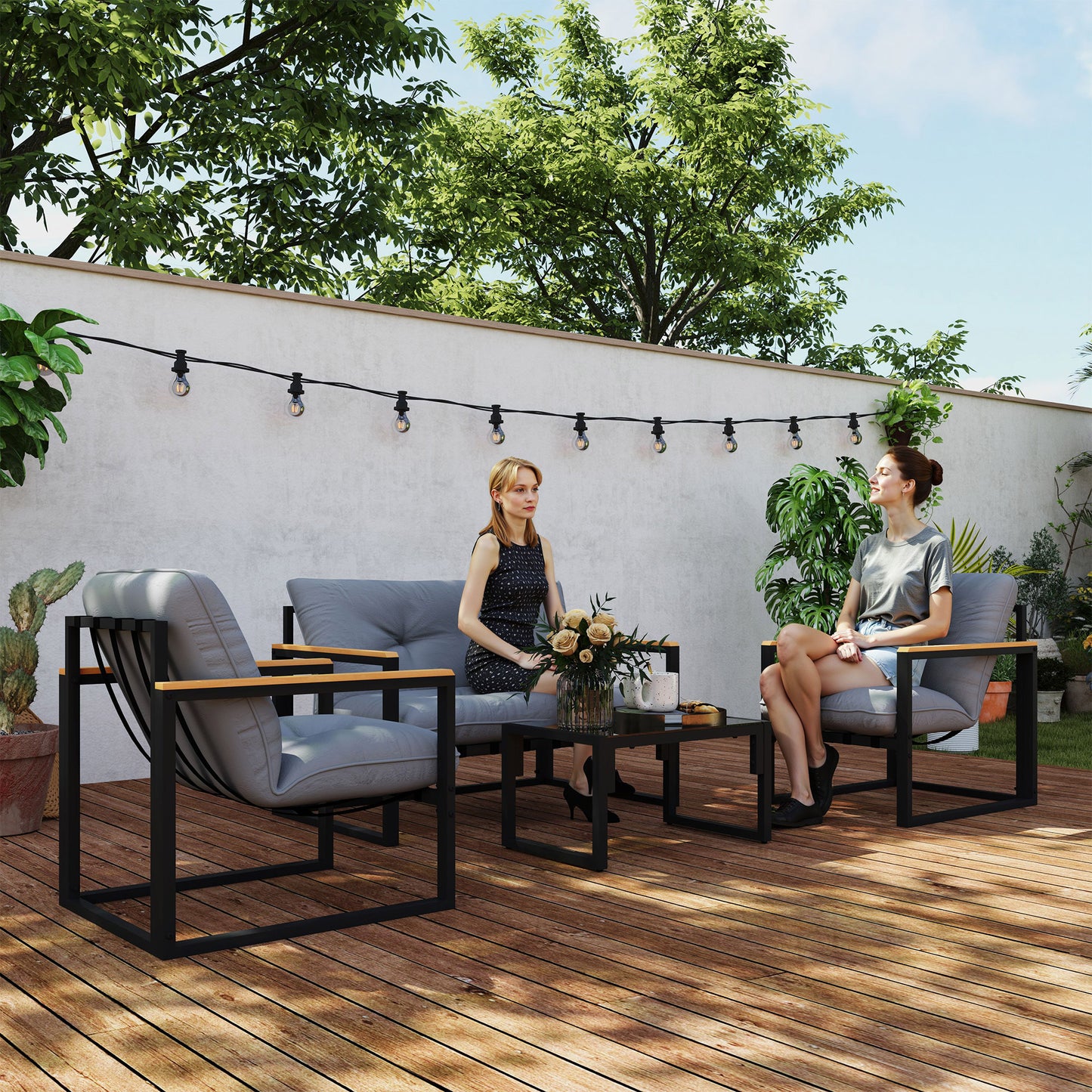 Outsunny 4 Piece Garden Furniture Set Conservatory Loveseat Armchairs Glass Top Coffee Table Cushions Light Grey