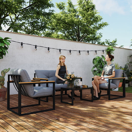 Outsunny 4 Piece Garden Furniture Set Conservatory Loveseat Armchairs Glass Top Coffee Table Cushions Light Grey