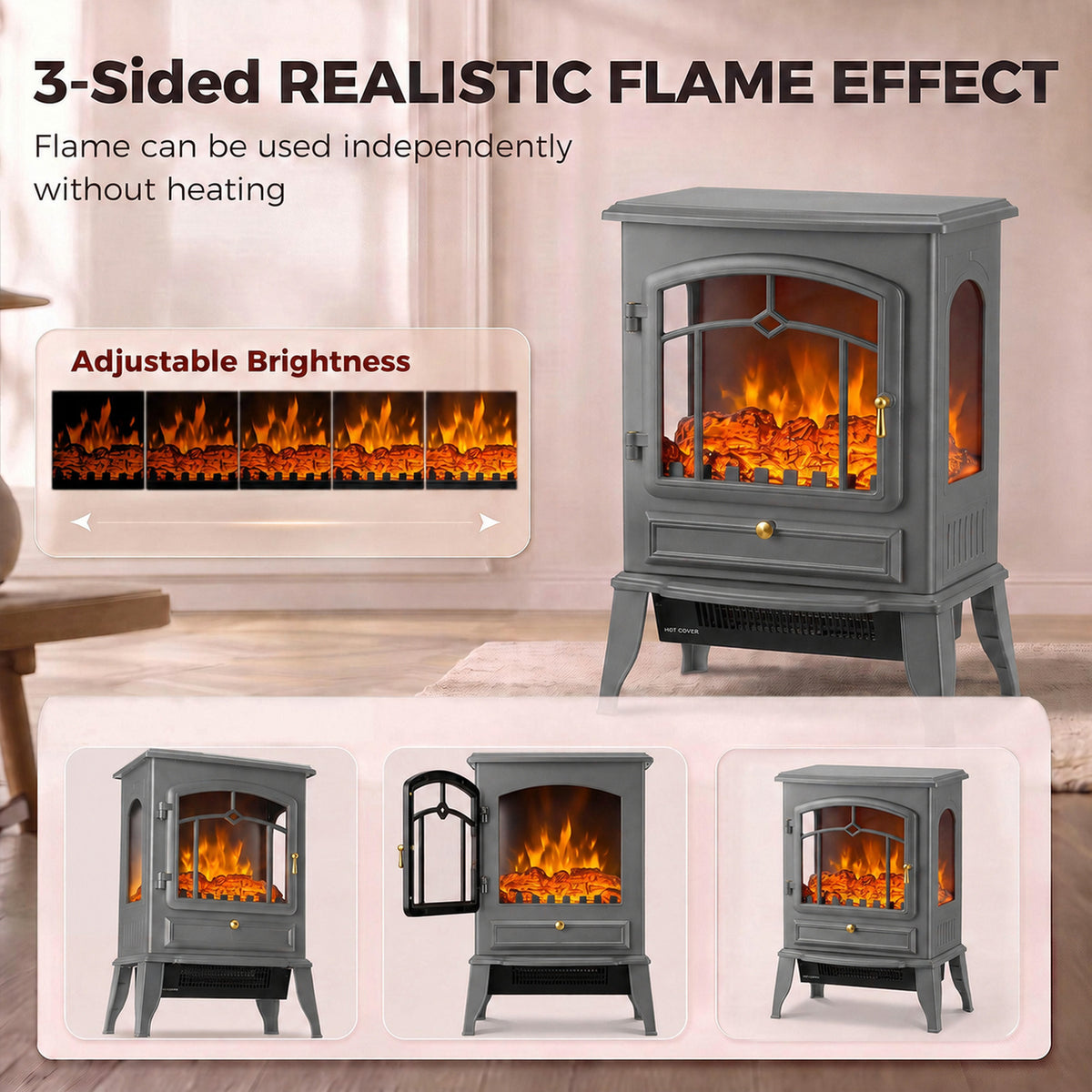 HOMCOM 3 Sided Electric Fireplace Heater with 3D Flame Log and Thermostat Grey