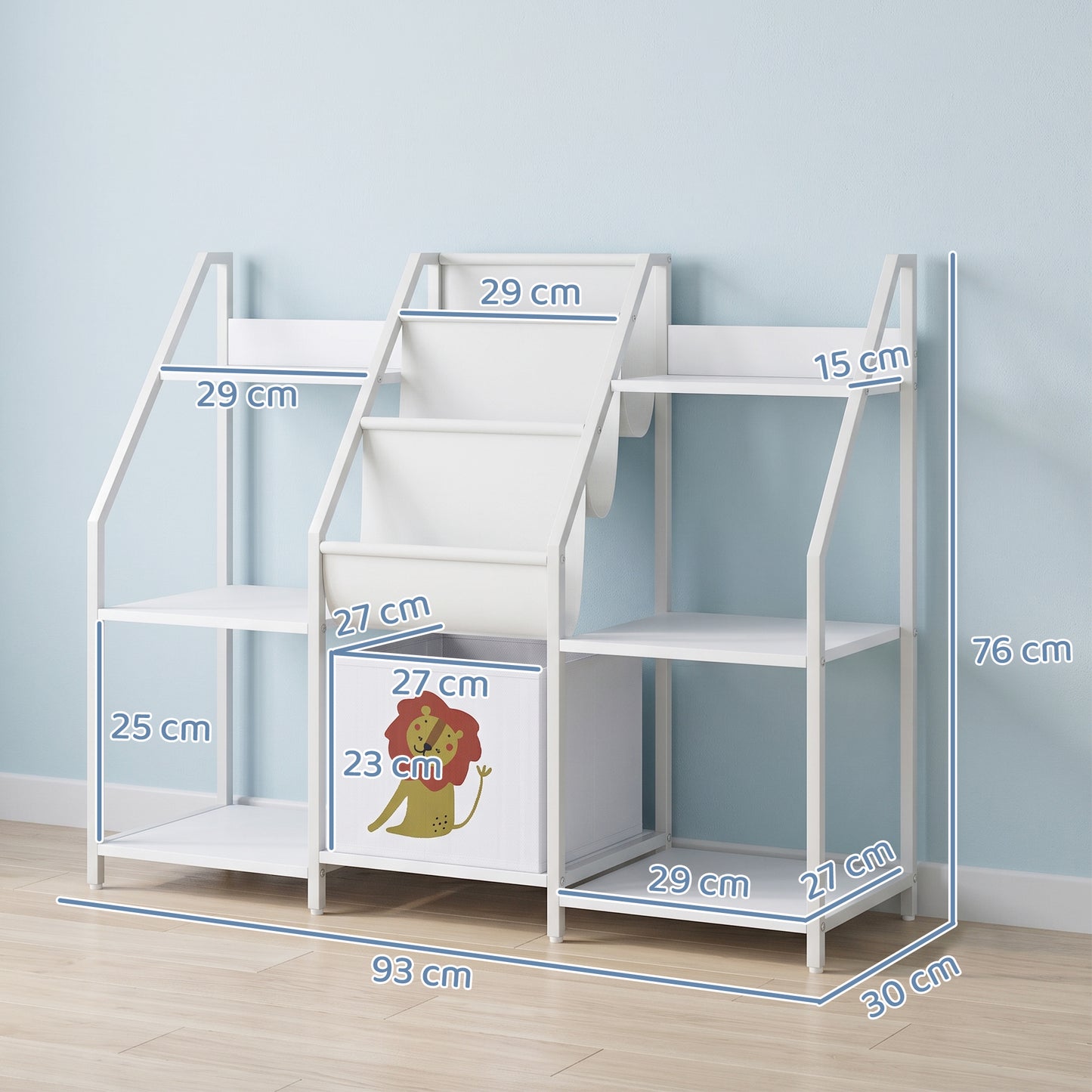 AIYAPLAY Kids Bookshelf And Toy Storage With 3 Tier Sling Book Rack And Fabric Drawer For Nursery Bedroom Playroom White
