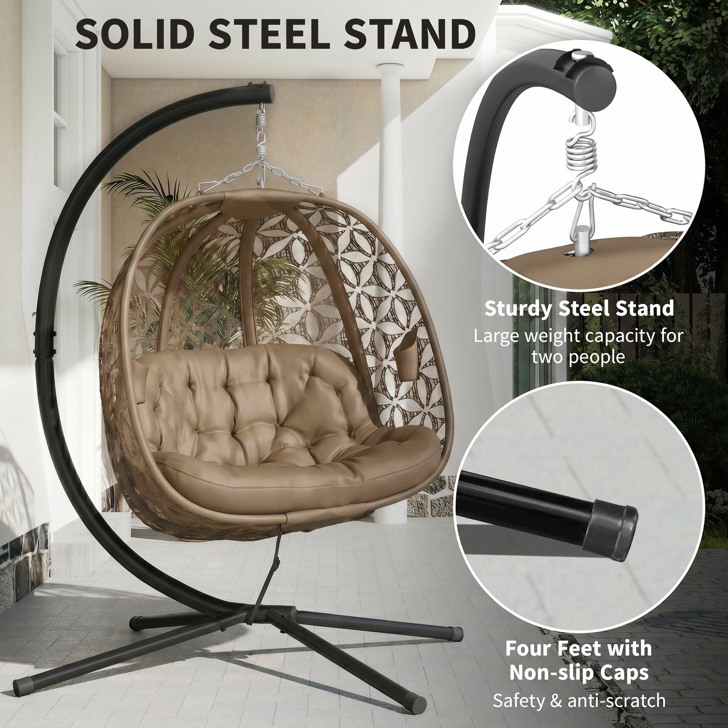 Outsunny Outdoor Double Hanging Chair With Cushion And Cup Holders Sand Brown Sturdy Steel Frame With Four Leg Base