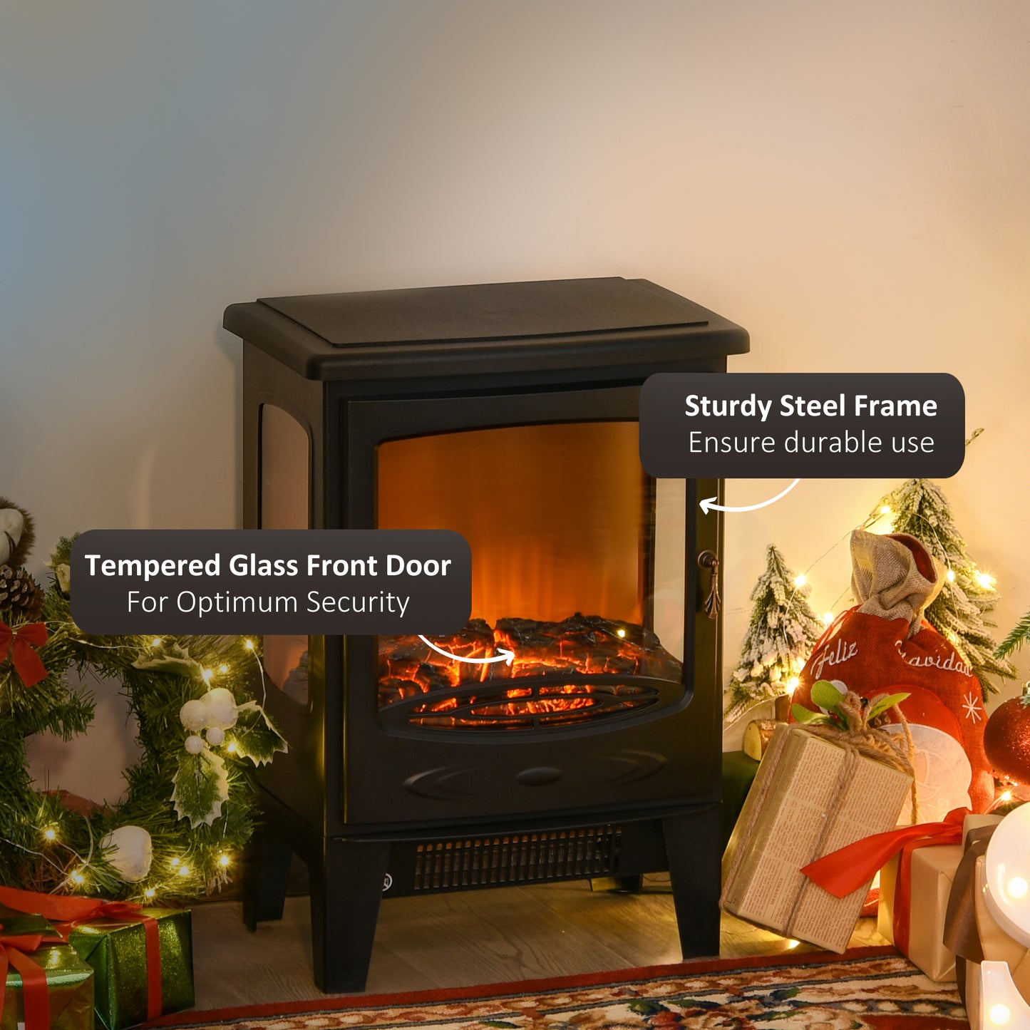 HOMCOM Retro Electric Fireplace Heater with Adjustable Faux Flame, 1800W Black - ALL4U RETAILER LTD