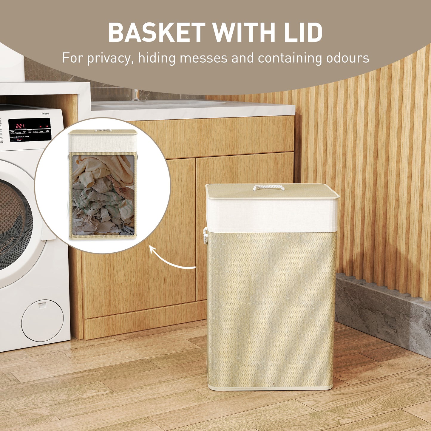 HOMCOM Bamboo Laundry Basket With Lid 72L Laundry Hamper Rope Handles Removable Liner Bag Bathroom Bedroom Nature Wood