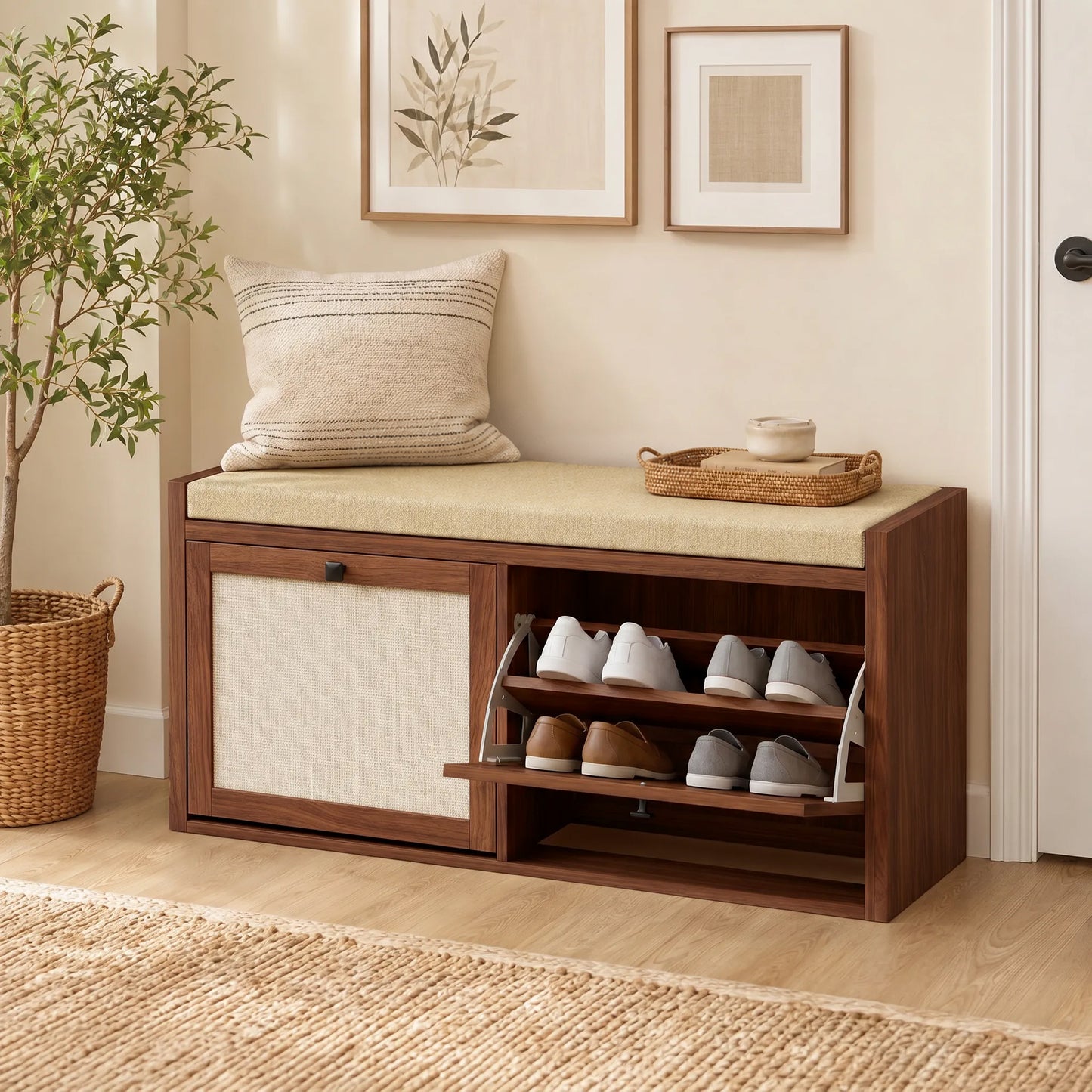 HOMCOM Rattan Shoe Bench With Padded Cushion And Hidden Storage Cabinets For Hallway Brown