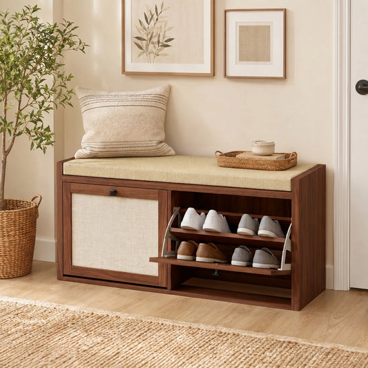 HOMCOM Rattan Shoe Bench With Padded Cushion And Hidden Storage Cabinets For Hallway Brown