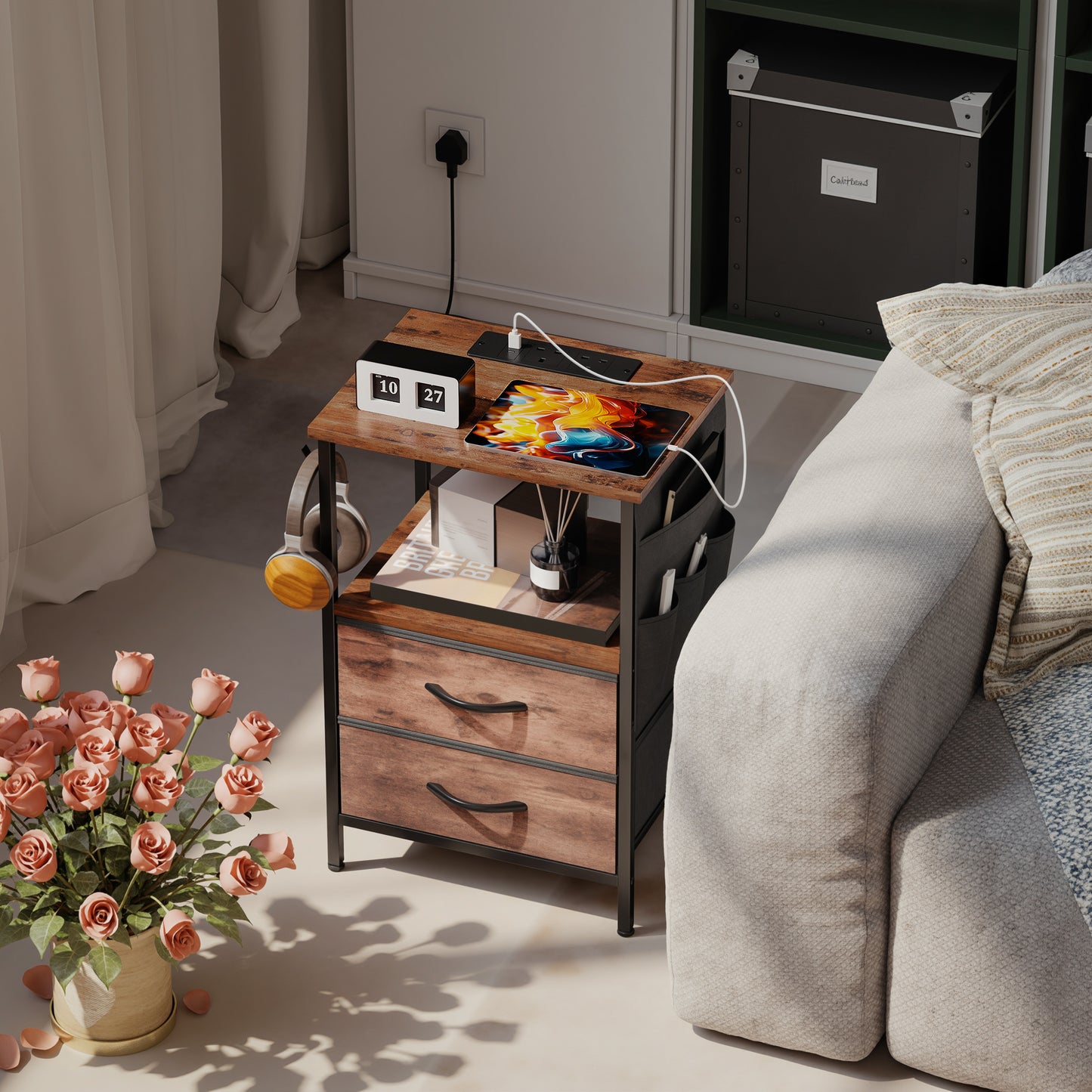 HOMCOM Bedside Table With Charging Station USB Ports Power Sockets Rustic Brown Nightstand With Storage
