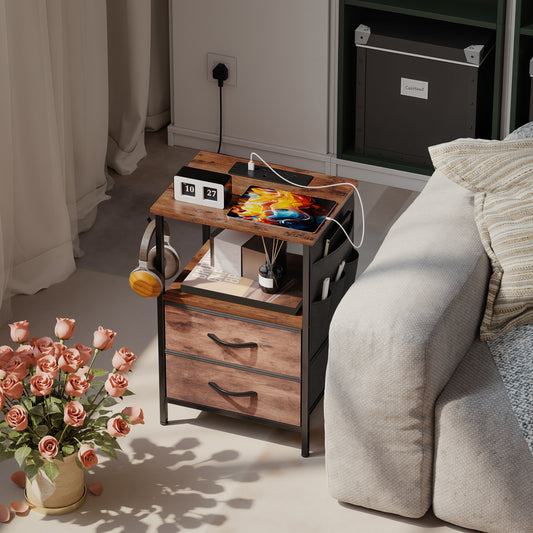 HOMCOM Bedside Table With Charging Station USB Ports Power Sockets Rustic Brown Nightstand With Storage