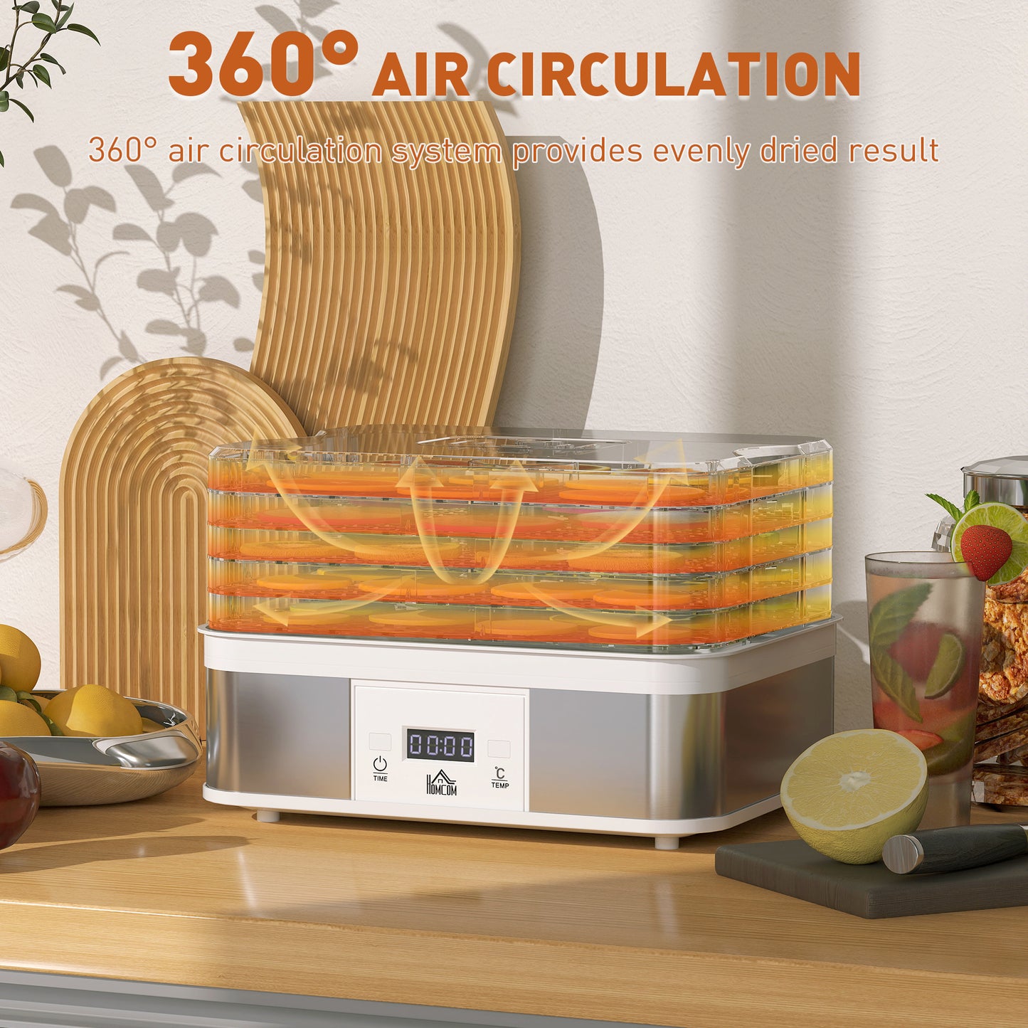 HOMCOM Stainless Steel 5-Tier Food Dehydrator with Adjustable Temperature & Timer - 245W Machine - ALL4U RETAILER LTD