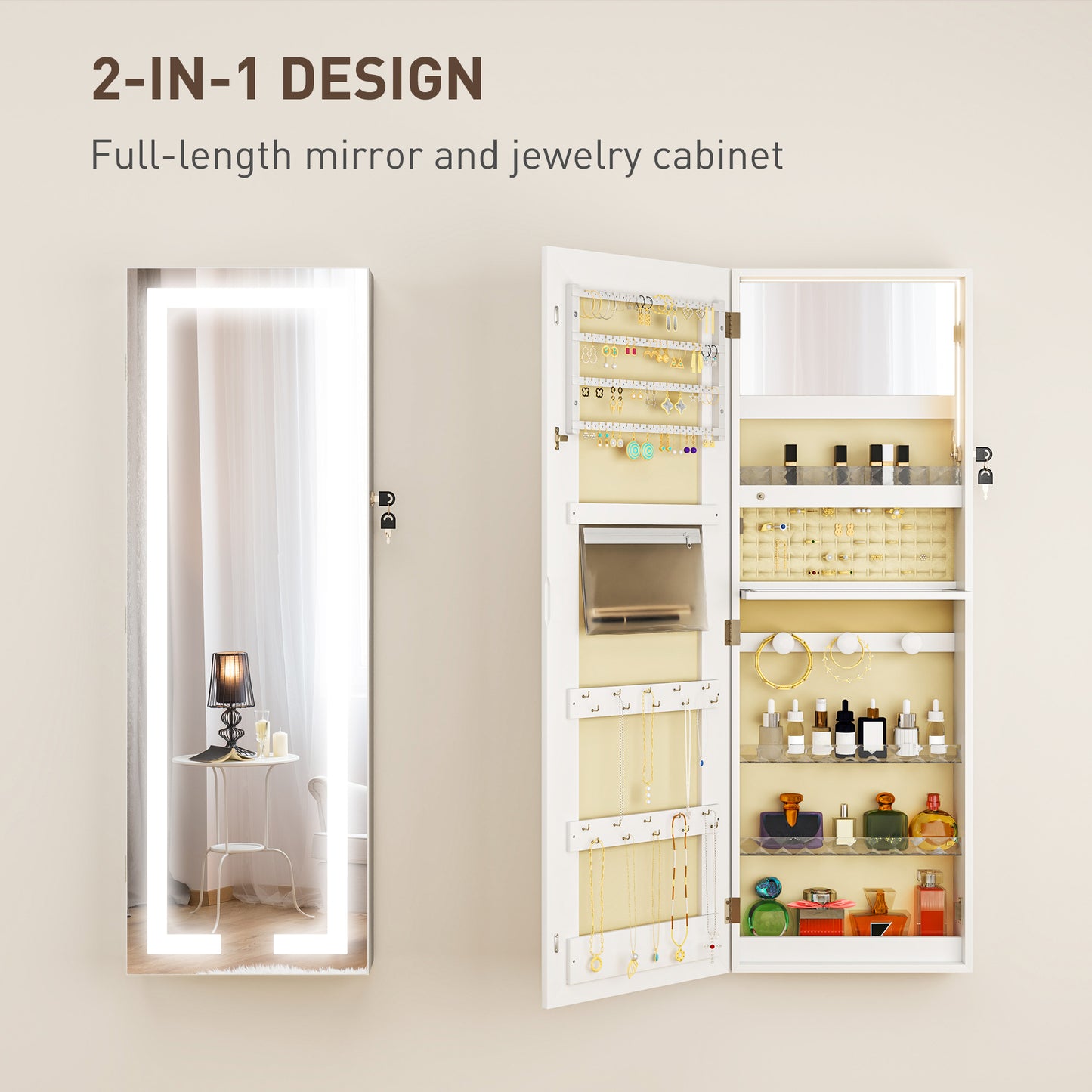 HOMCOM LED Mirror Jewellery Cabinet Wall Mounted Full Length Mirror With Storage Lockable Jewellery Organiser White