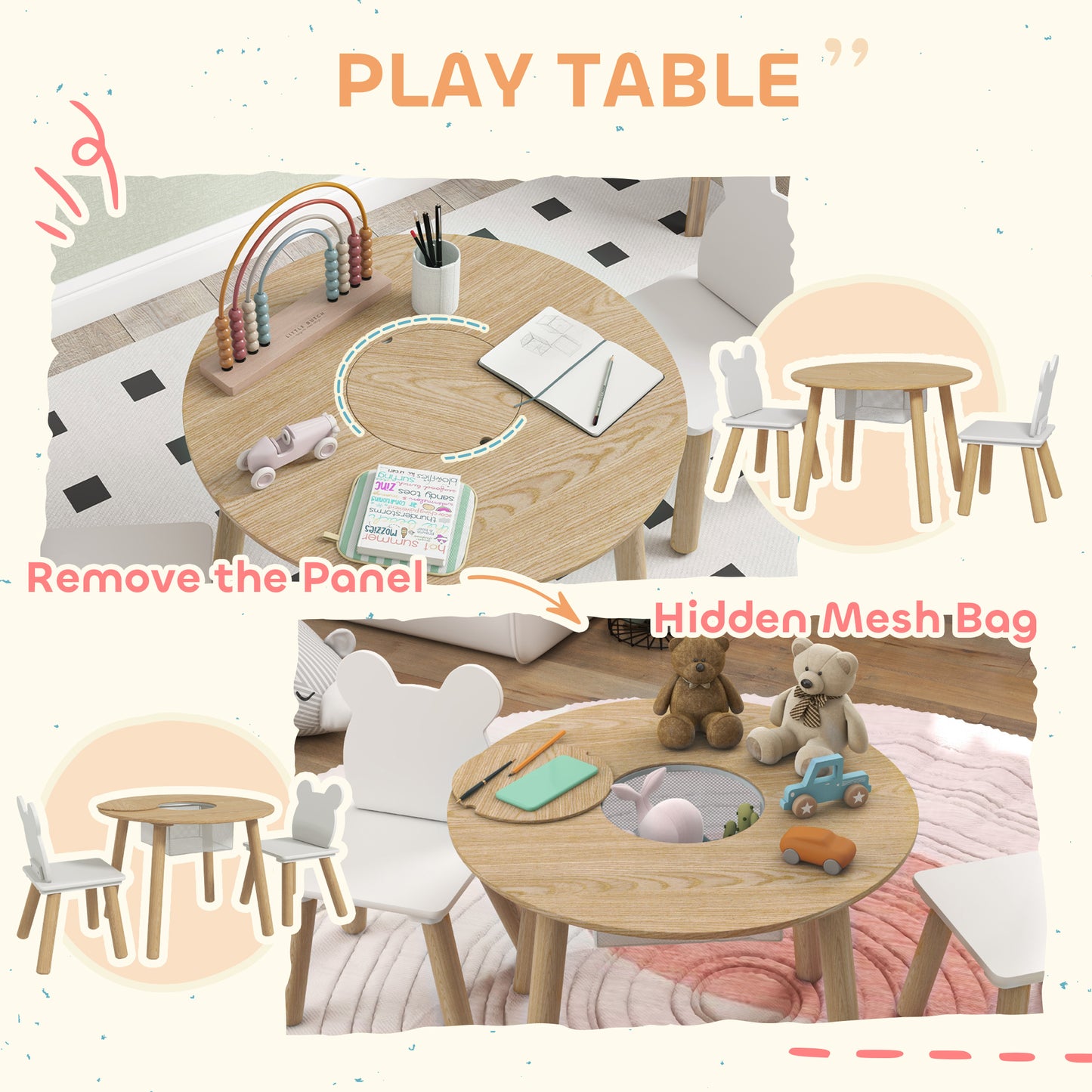 AIYAPLAY 3 Piece Kids Activity Table Set With Mesh Bag Bear Shaped Backrest For Arts And Crafts Reading And Dining
