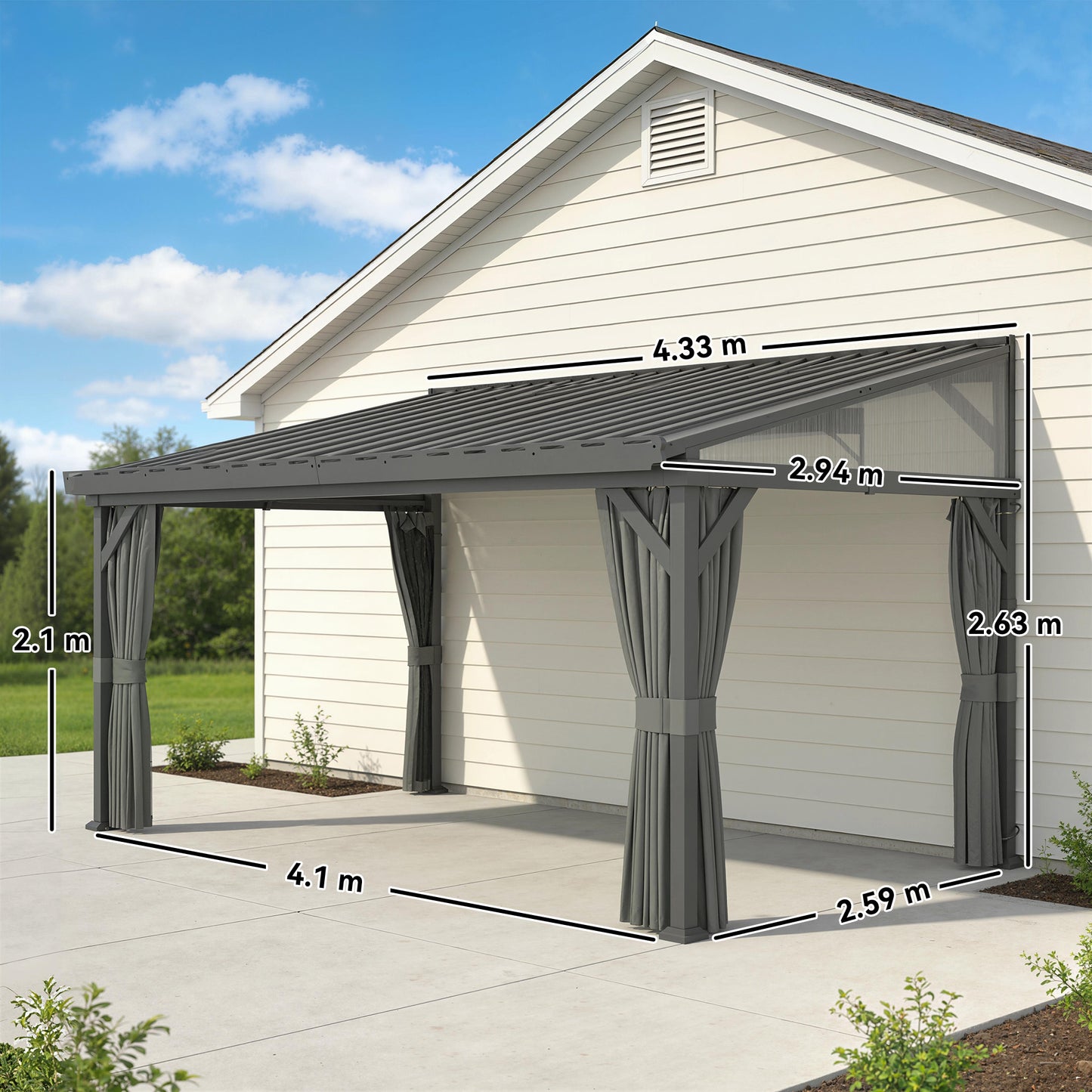 Outsunny 4.3m By 3m Garden Pergola With Galvanized Steel Roof Lean To Gazebo With Netting Curtains Dark Grey