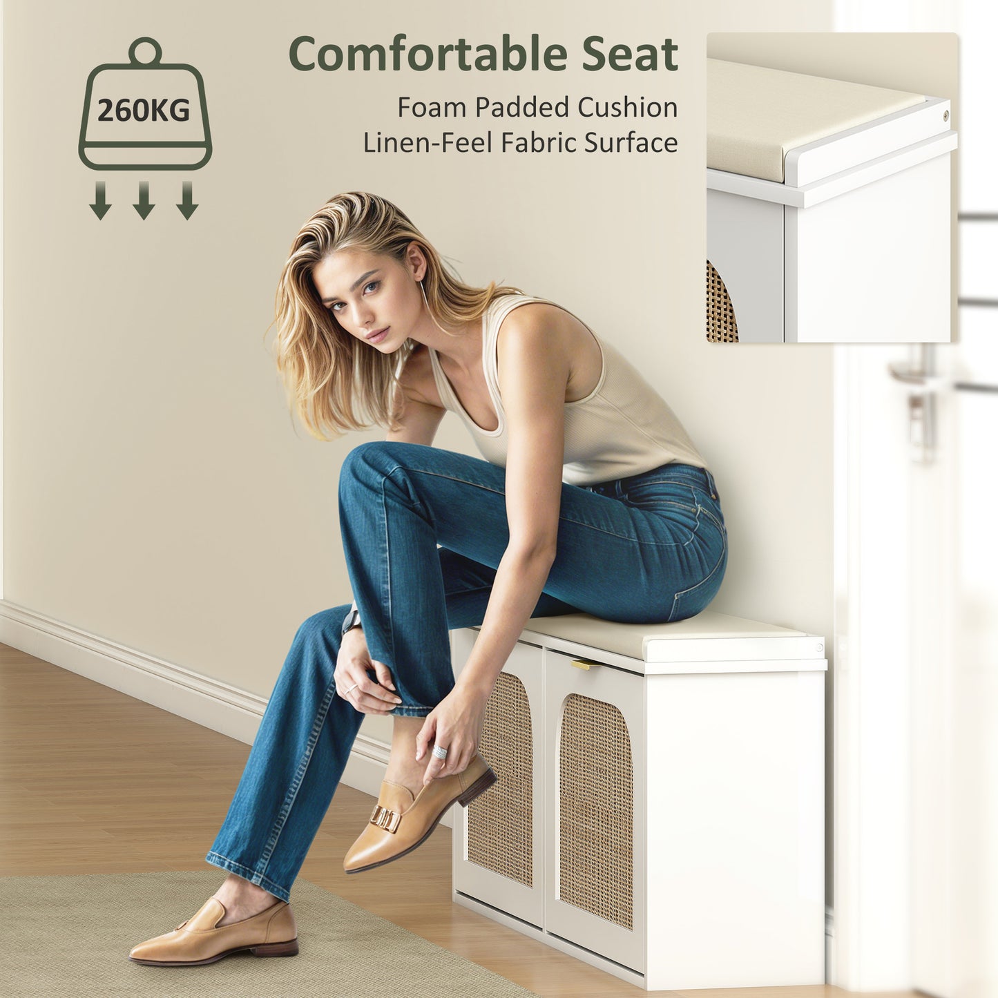 HOMCOM Boho Shoe Bench With Padded Seat And Two Flip Drawers White Entryway Organizer