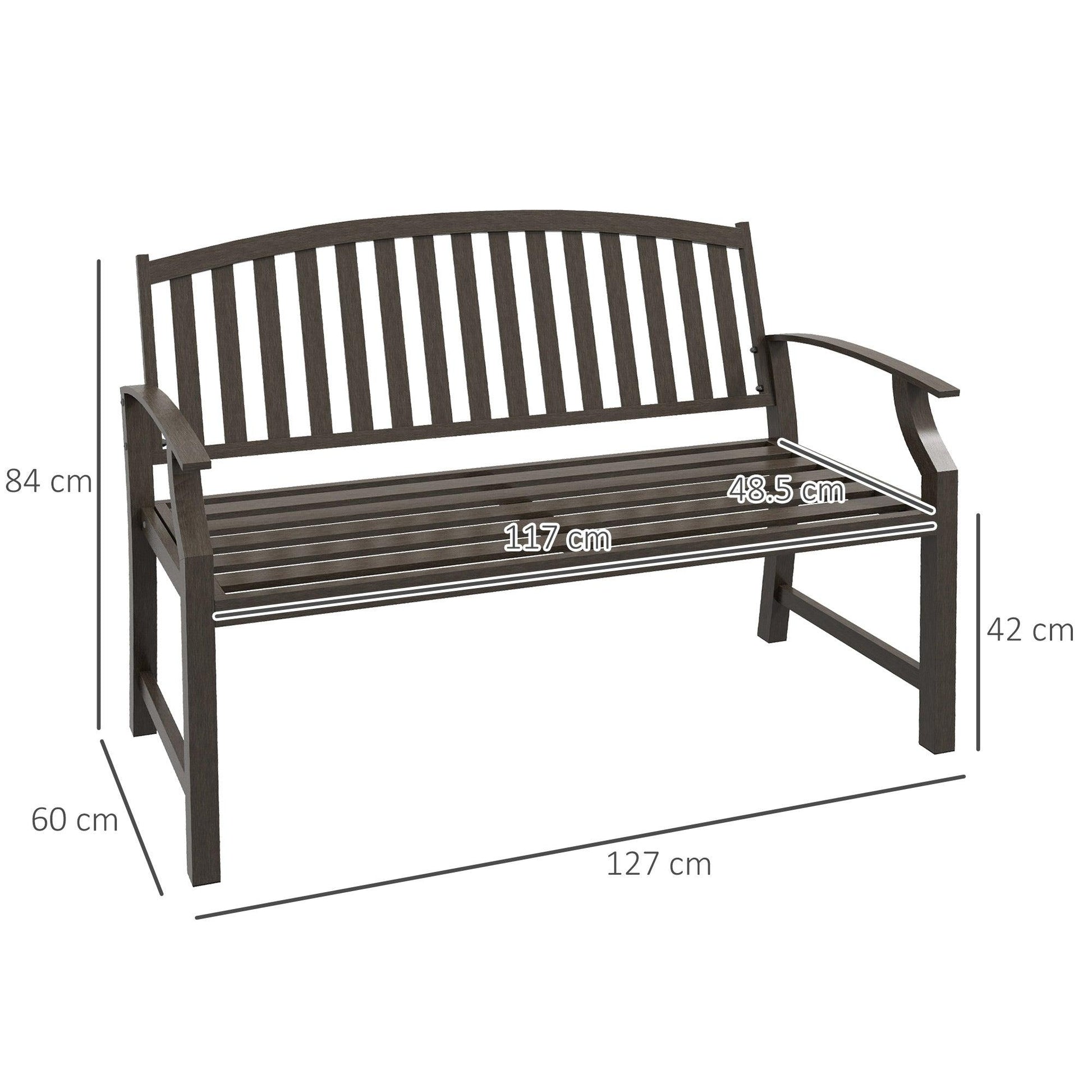 Outsunny Garden Bench, Outdoor Metal Bench with Slatted Seat and Backrest, Curved Armrest, for Conservatory, Garden, Poolside, Deck, Brown - ALL4U RETAILER LTD