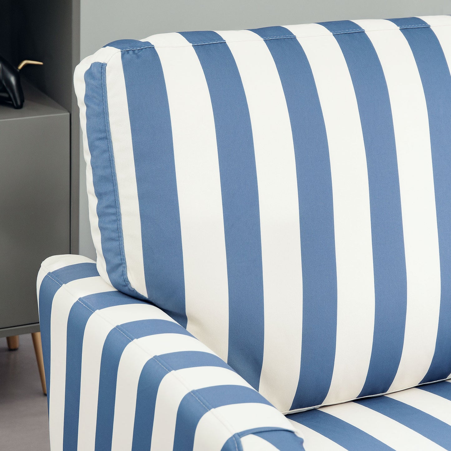 HOMCOM Velvet Cuddle Chair With Stripe Blue And White Modern Armchair Snuggle Sofa For Living Room Bedroom Turned Legs